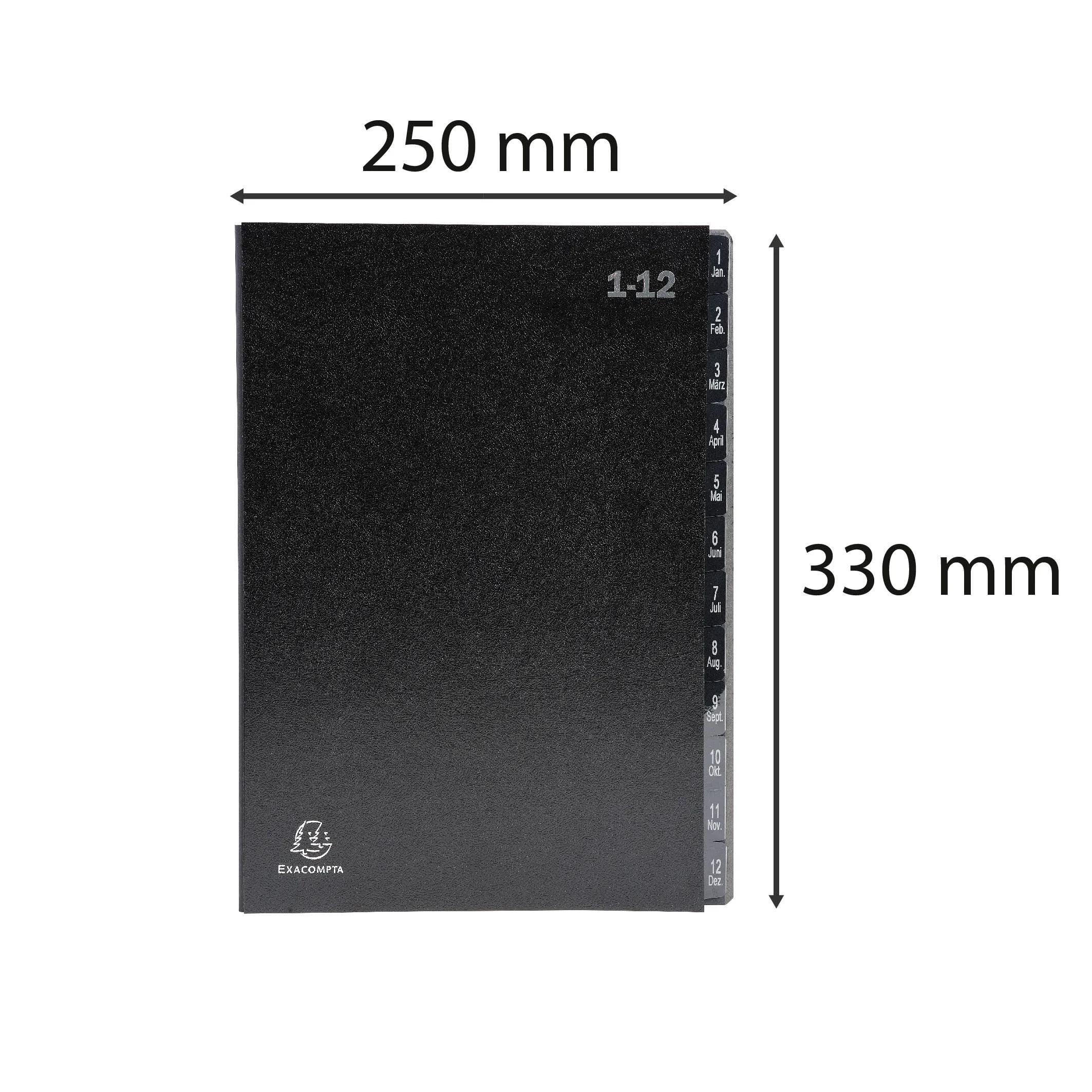 Exacompta - Ref. 57012E Ordnungsmappen, 12 Stück, fester Einband, innen aus recycelter Karte, digitale laminierte Registerkarten mit 1 bis 12-12 Fächern, Maße: 25 x 33 cm, für A4, Schwarz