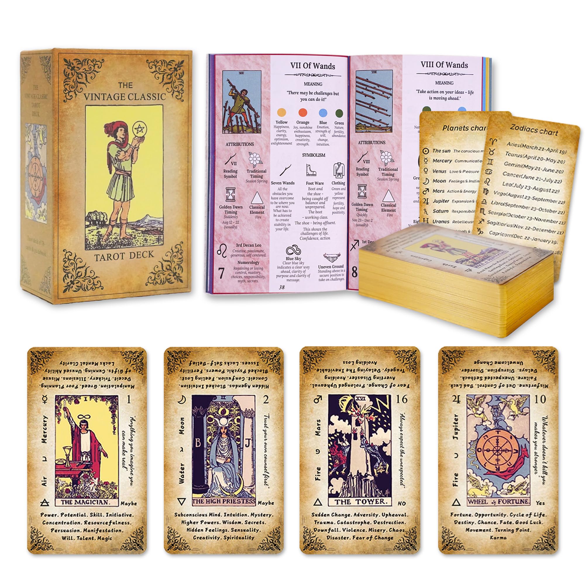 Tarot Cards for Beginners Vintage Classic Tarot Cards with Guide Book, Gold Gilded Edges, 13 cm x 8 cm