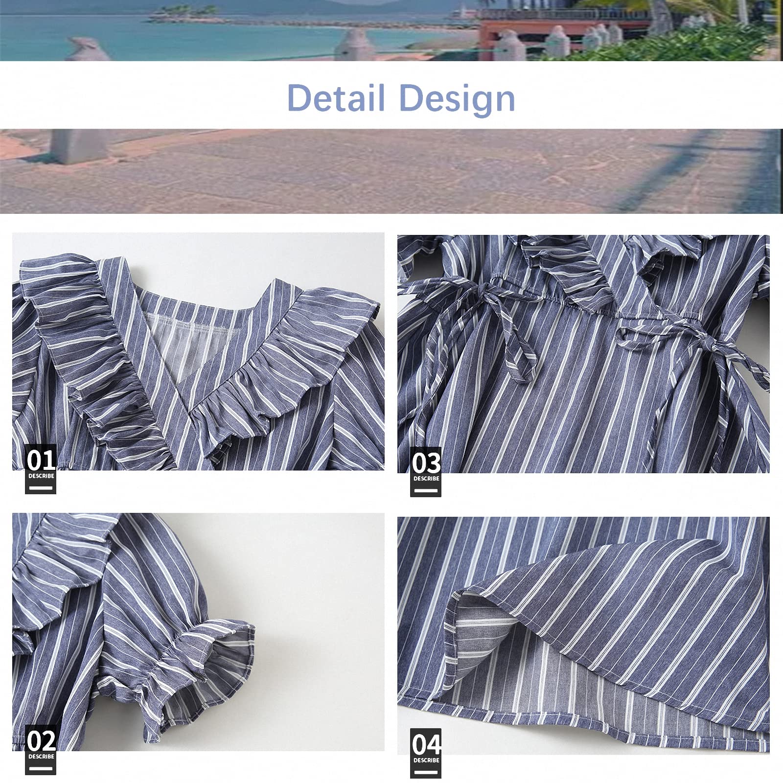 Vestido para niñas, Vestido de Princesa con Volantes a Rayas de Verano, Falda de Vacaciones en Playa con Mangas abullonadas de Encaje para niños medianos y Grandes