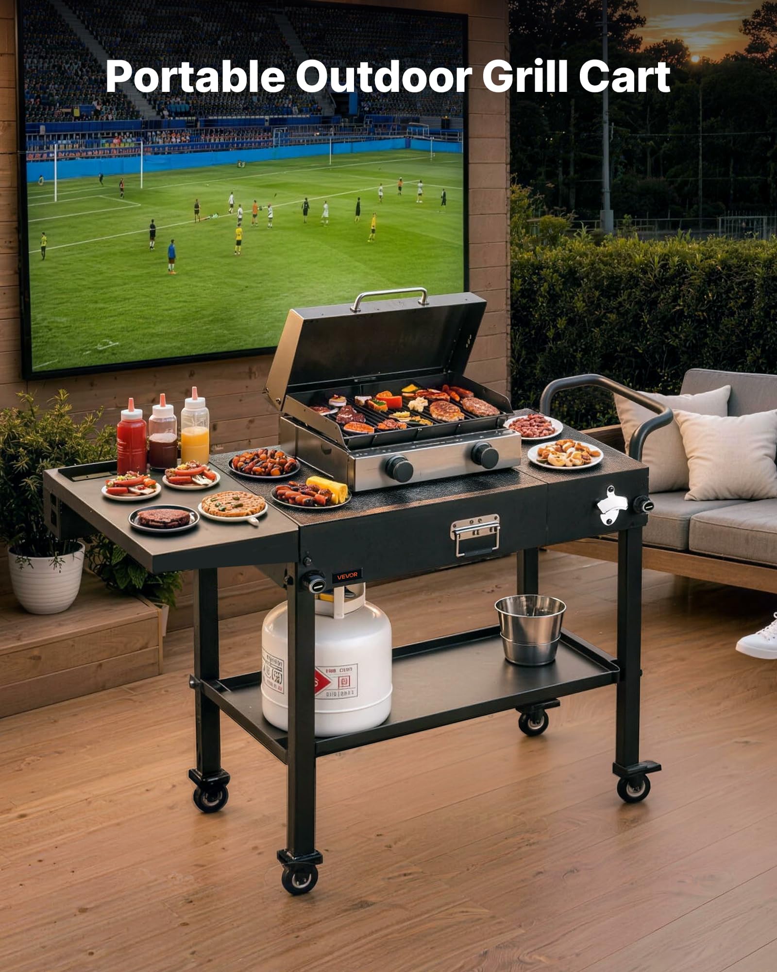 VEVOR Desserte de Jardin pour Plancha Pliable, Chariot de Barbecue Plan de Travail 78,7x43,2 cm, pour Préparation de Cuisine BBQ Extérieur, avec Porte-essuie-Tout, Crochets et Tablette Latérale