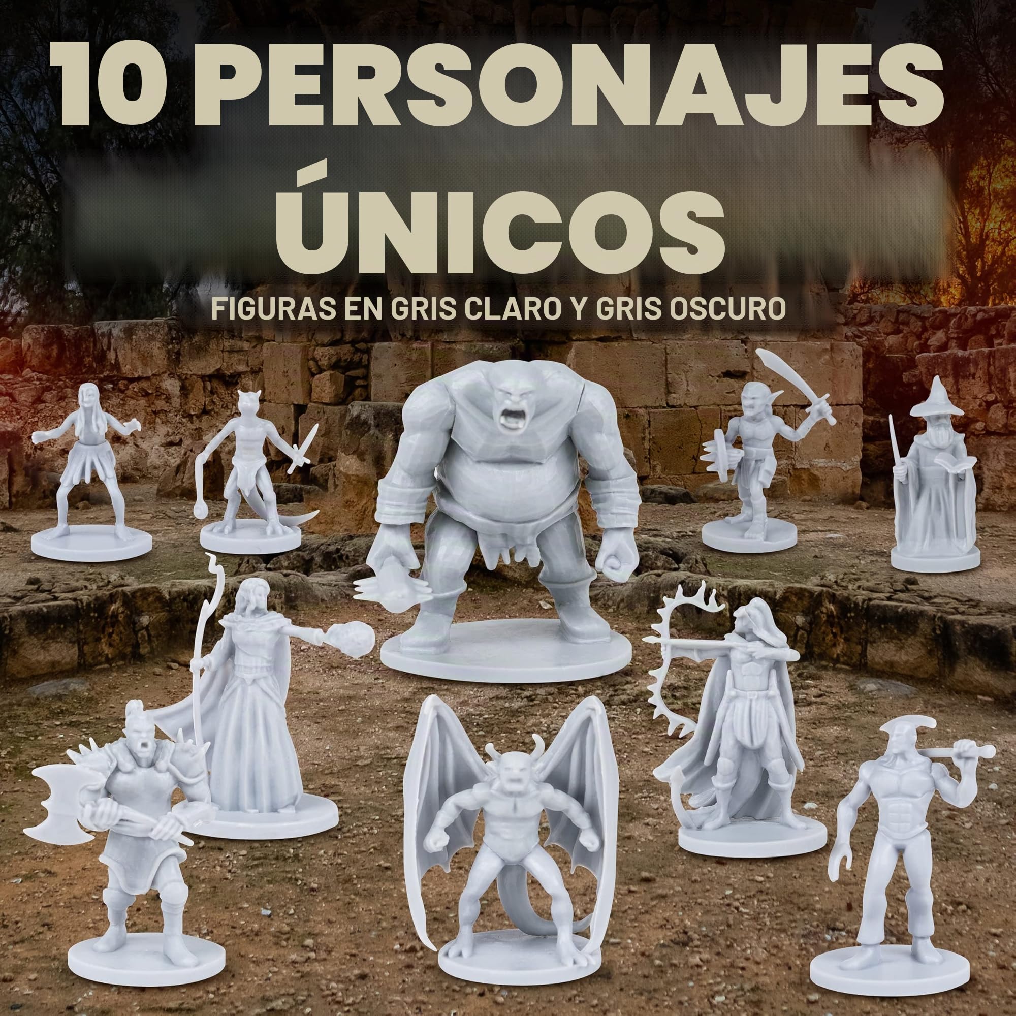 38 miniaturas de fantasía de Mesa RPG Figuras para Mazmorras y Dragones, Juegos de rol Pathfinder. Miniaturas a Escala de 28 mm, 10 diseños únicos, a Granel, sin Pintar, Ideal para D&D/DND