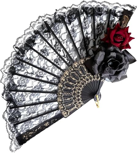 Ceoyiler Abanico de encaje negro para Halloween, color rosa, de mano, retro, español, plegable, para mujeres y niñas, fiesta de Halloween, cosplay,
