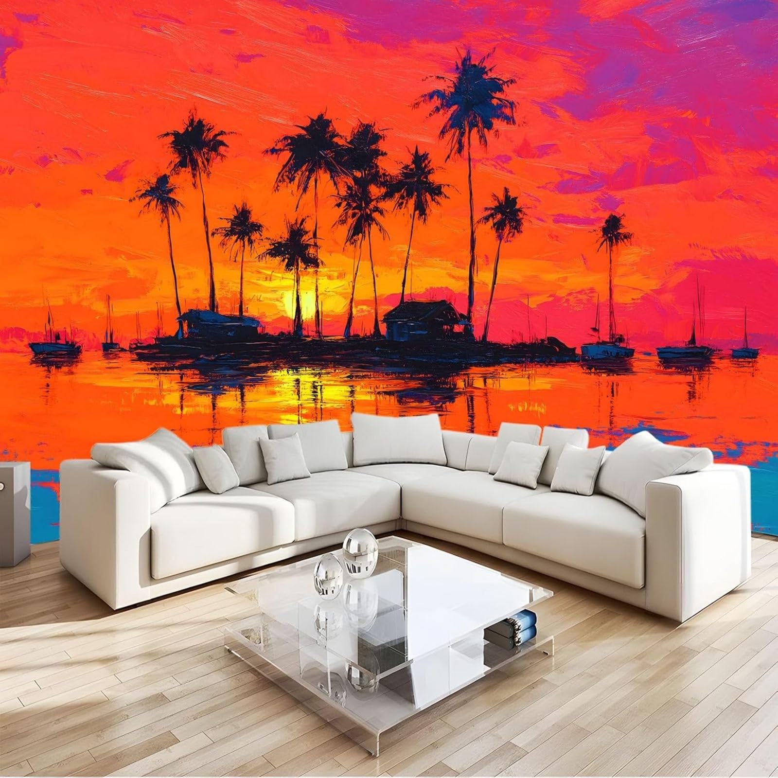 hgjdjhnf Photo Wallpaper Nature Palms Sunset Modern wall Mural Living Room Bedroom wall Art wall, red, 300cm x 210cm