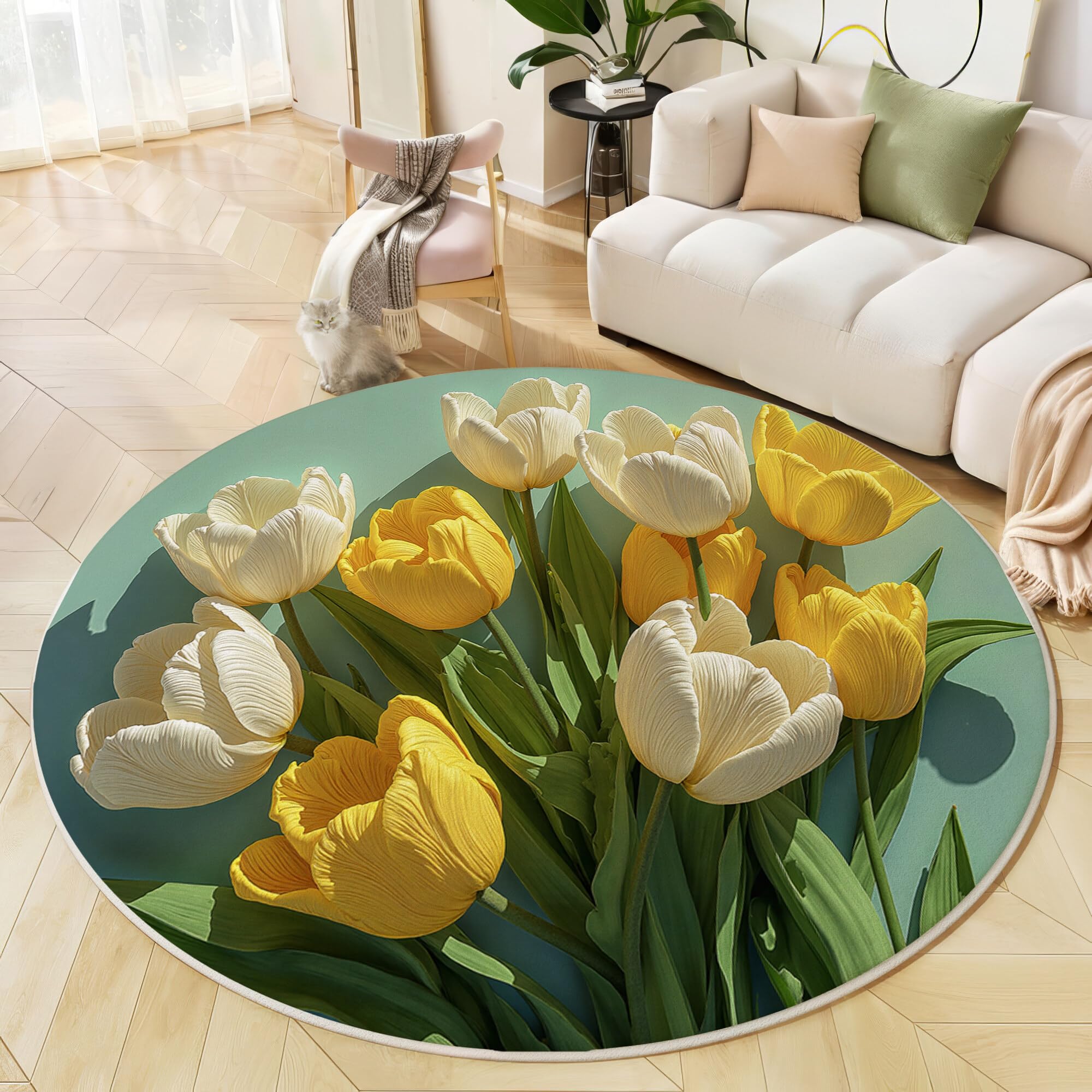 Tapis rond de chambre 120cm motif tulipes moderne et lavable