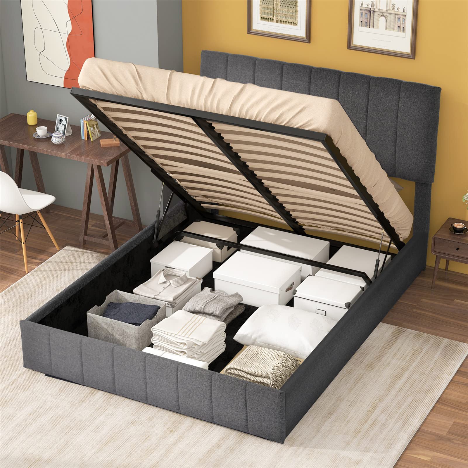 Hydraulic Double Bed, Upholstered Bed, Adjustable Headboard