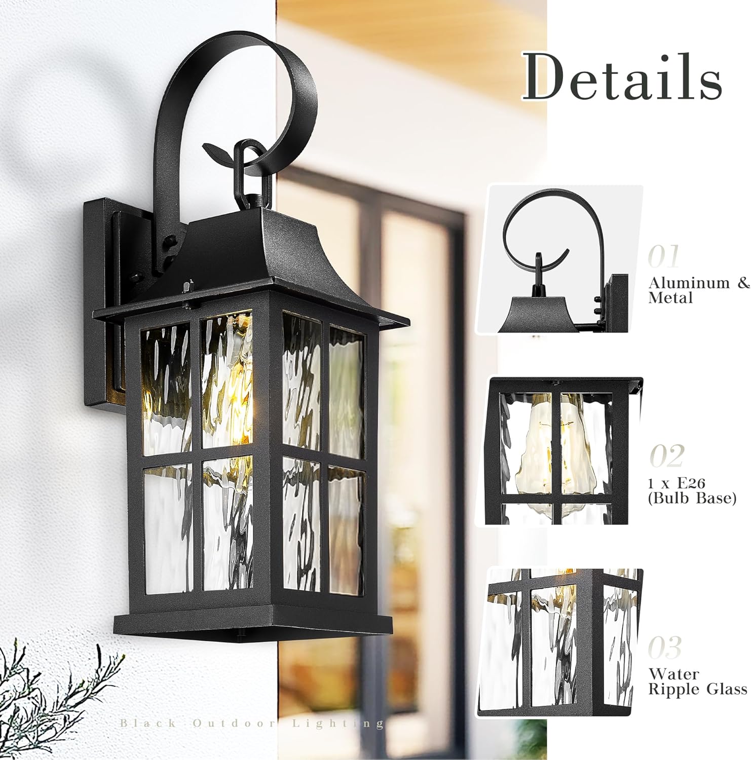 Emliviar Vintage Front Door Light Fixture Outside, Black 15.4 Inch Outdoor House Light Wall Mount with Water Ripple Glass for Yard, YXE306B BK-SW