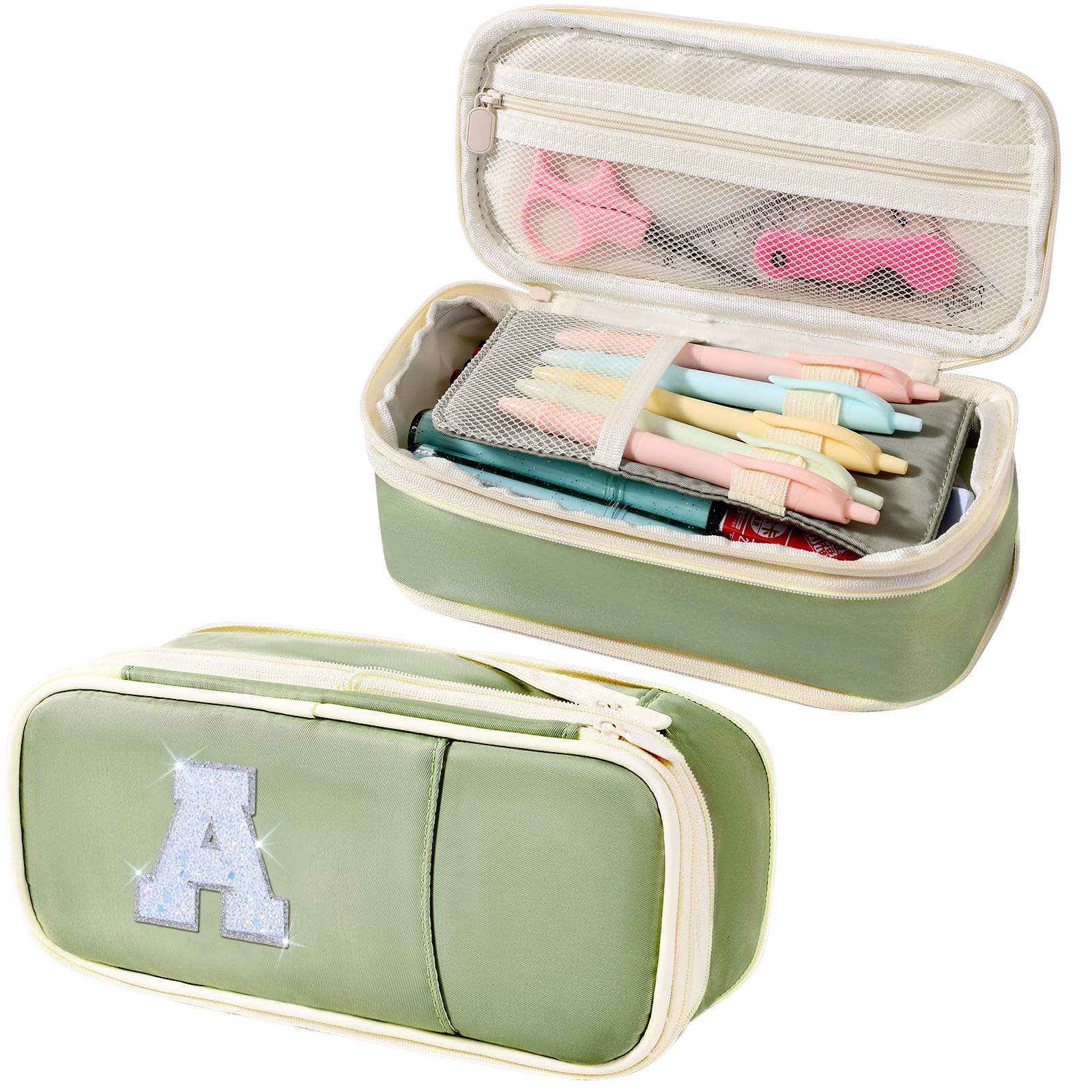 Janhavi Initial Large Capacity Premium Oxford Cute Aesthetic Pencil Case Pouch Bag — Special School Supplies Colored Stationery Organizer Gifts for Girls, Women, Adults (Green, Letter A)