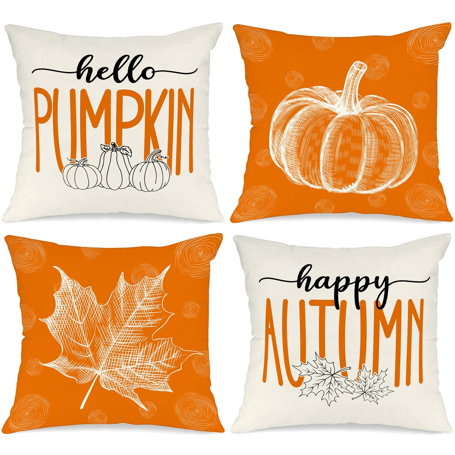 SLEEPHEAD® Autumn Throw Fall Pillow Covers Set of 4, Maple Leaf Pumpkin Decorative Holiday Orange Cushion Covers Thanksgiving/Christmas Pillow Case for Indoor Home Bedroom Couch（18x18 ）