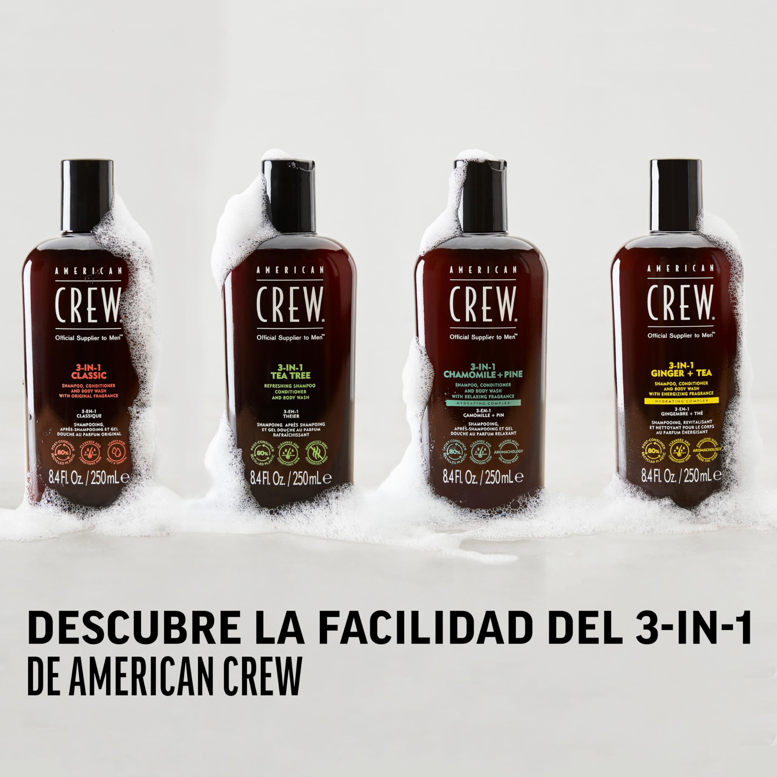American Crew 3 en 1 Manzanilla y Pino, Champú Acondicionador y Gel de Ducha, Limpia e Hidrata el Cabello y Cuerpo, Mantiene y Repone la Barrera de Hidratación, Aroma Tranquilizante y Relajante