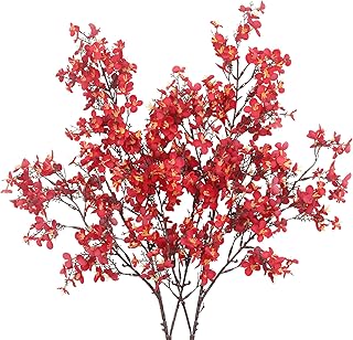 CISDUEO 2 Pcs Cherry Blossom Artificial Flowers Bulk Red Fake Fall Flowers Branches Silk Babys Breath Flower Fall Floral Stems for Vases Indoor Home Decor Wedding Party Table Centerpiece Christmas