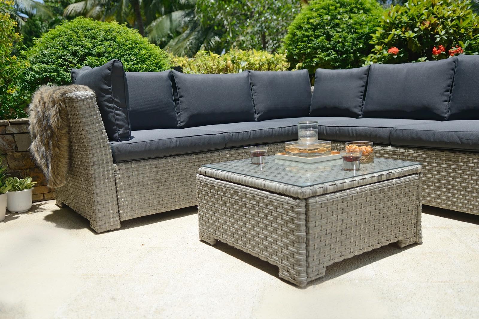 Chesterton Luxury Juego de 5 plazas de ratán para jardín con cojines, color negro, 230 x 146 x 67 cm