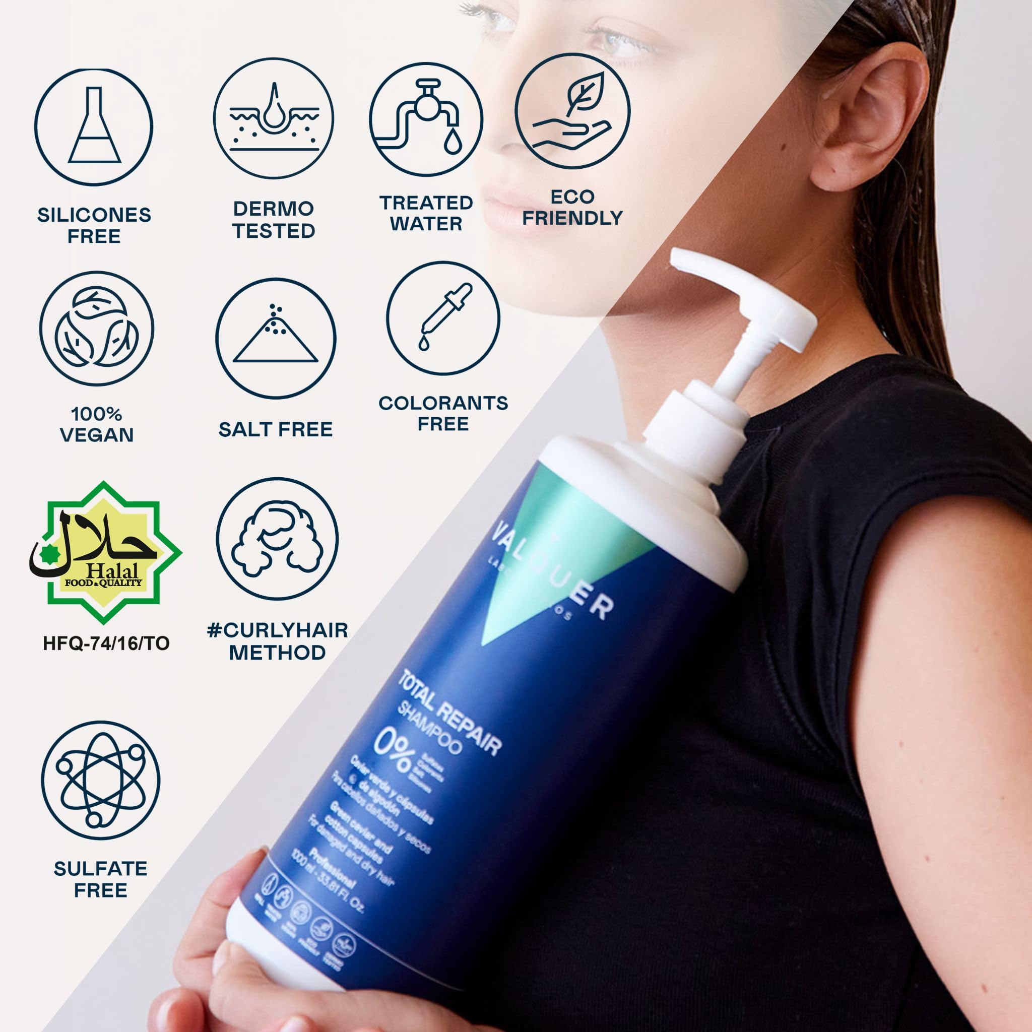 Valquer Champú Total Repair Zero. Repara, Suaviza e Hidrata el Cabello Dañado y Seco. Hidratación Intensa y Nutritiva. Con Caviar Verde, Panthenol, Vitamina E y Cápsulas de Algodón. Vegano. 1 L.