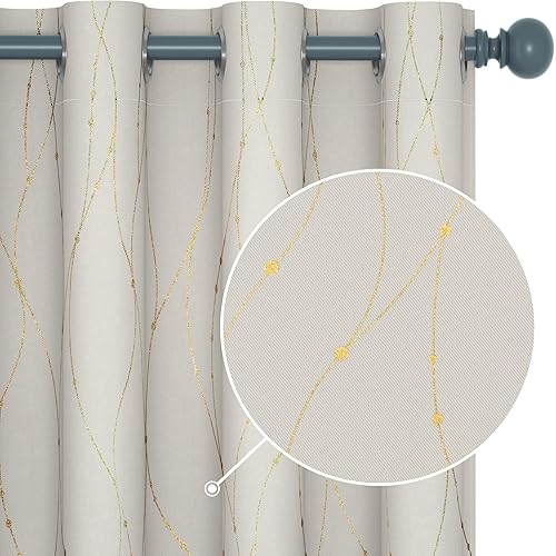 Deconovo Living Room Curtains 2 Panel Sets - Blackout Curtains 95 Inches Long, Beige and Gold Foil Printed Curtains for Guestroom (52W x 95L Inch, Beige, 2 Panels)