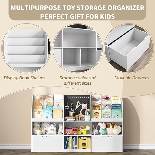 Miniatura 6 de FLOWBACK Organizador de almacenamiento de juguetes para niños de 67 pulgadas y estantería con 5 cubos y cajones móviles, organizador de sala de