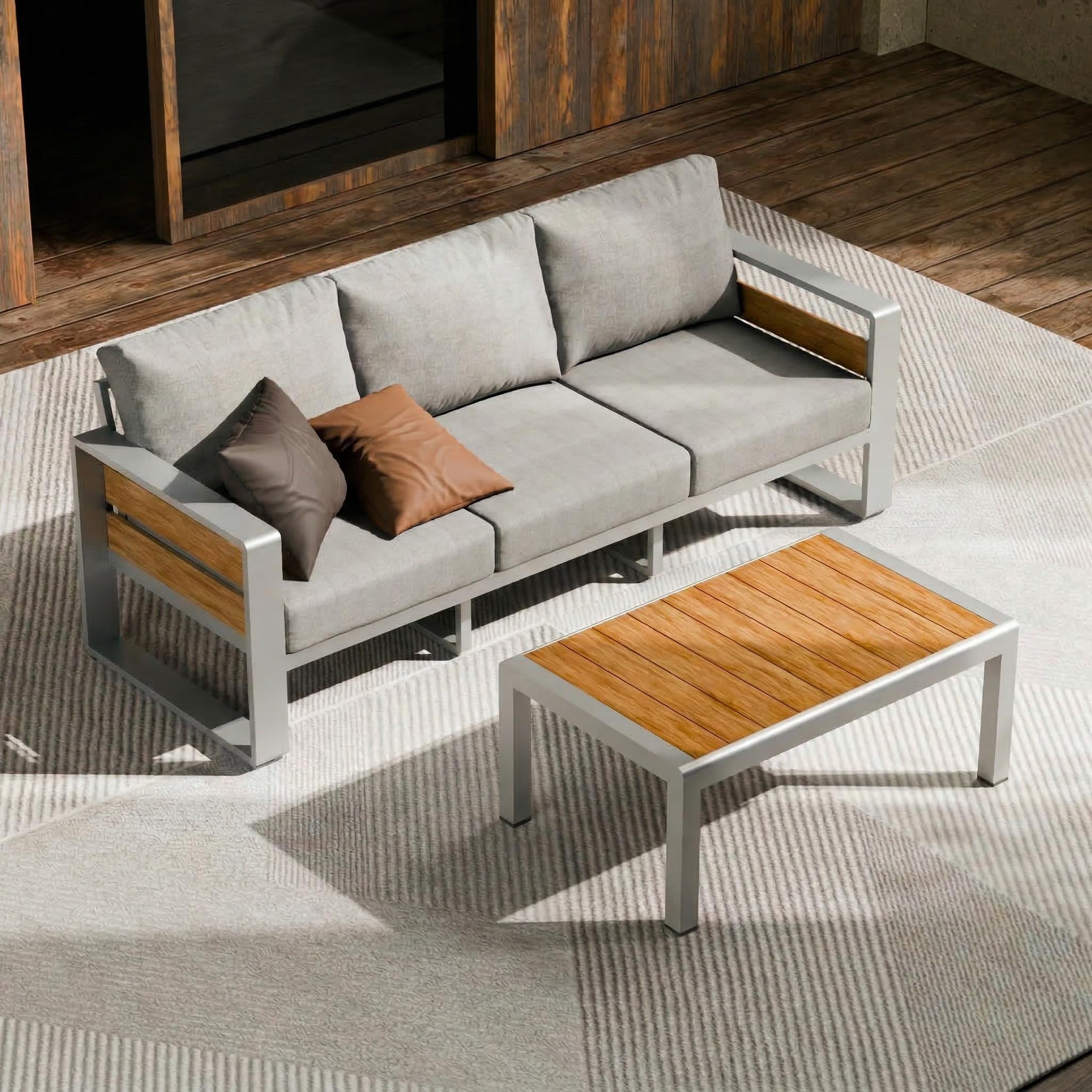 ZANDOR Aluminum Outdoor Patio Furniture-3-Seat with Table,Sliver