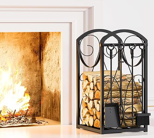 Kingson Firewood Rack Indoor Wood Holders Fireplace Tool Rack Outdoor