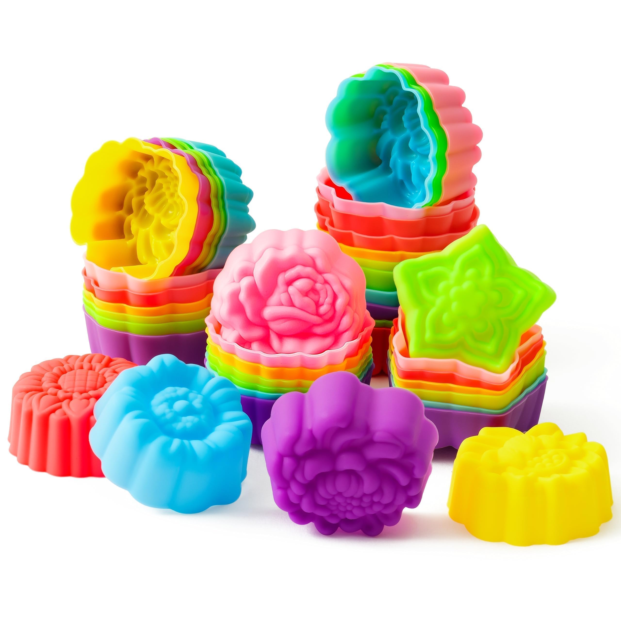 R HORSE 42P Lotu Baking Cup Formen Silikon Muffin Formen, Wiederverwendbare Backformen Lotusblume Sonnenblume Rose Form, Leicht Zu reinigen Antihaft Backwaren für Eis Kuchen Pudding