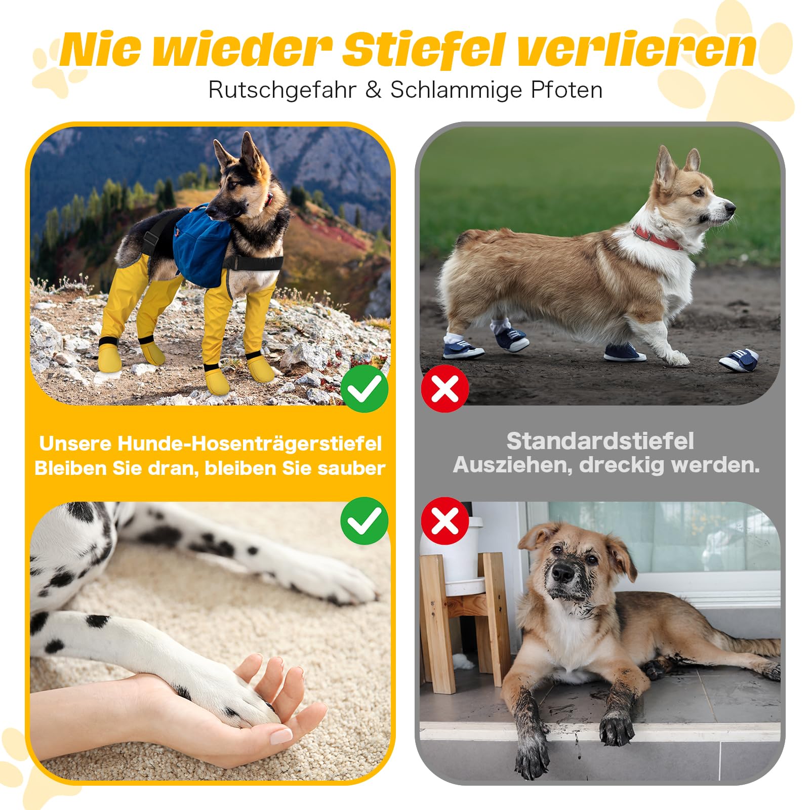 DQGHQME Hunde-Hosenträgerschuhe, Staub- und rutschfest, 6-Fach verstellbar, ideal für Parkett und Schnee, mit 360°-Reflektoren für die Pfoten
