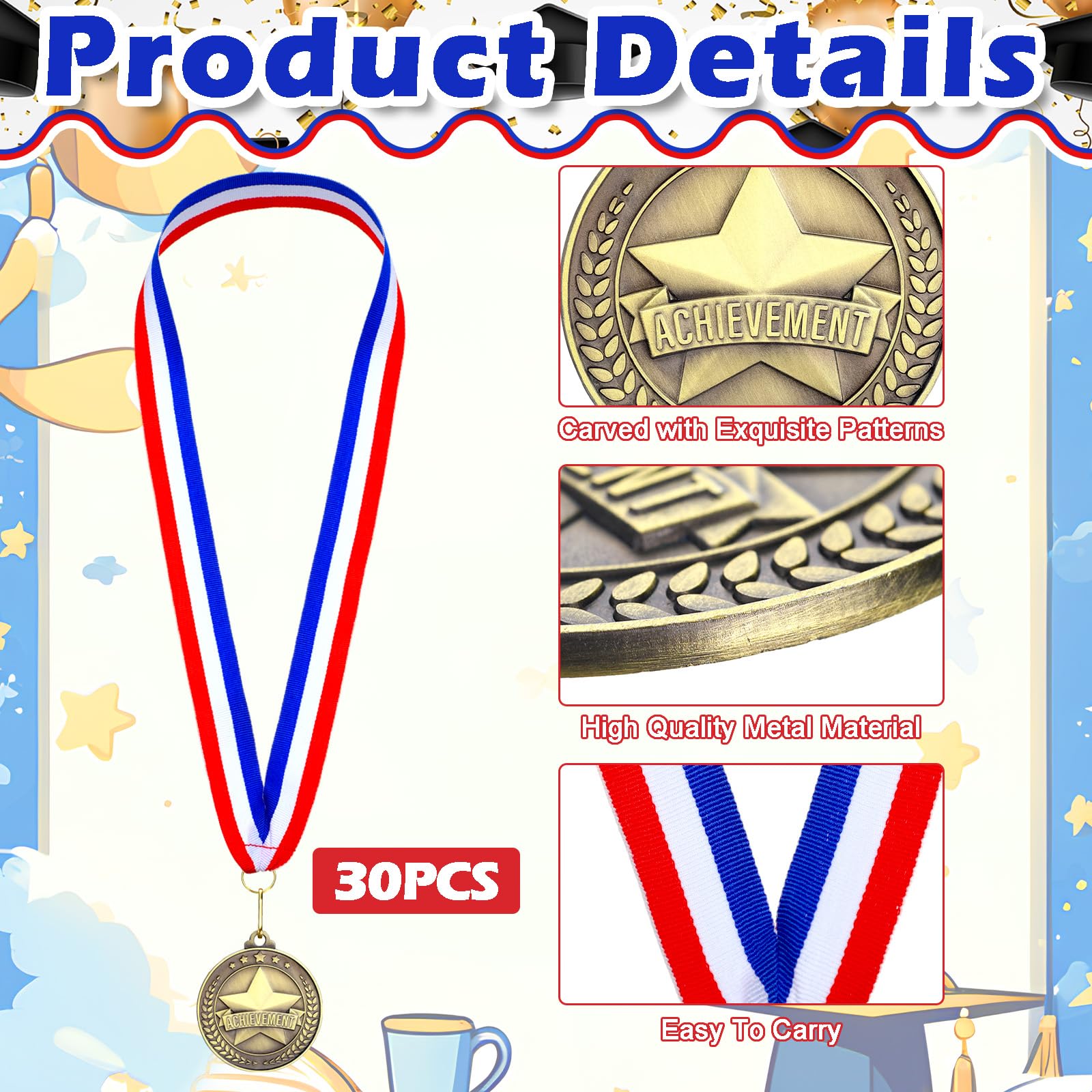 Quelay 30 medallas de Premio de 2 Pulgadas, medallas de Oro con Cintas para el Cuello, Trofeo de Metal, Regalo para torneos, competiciones, Fiestas, niños y Adultos