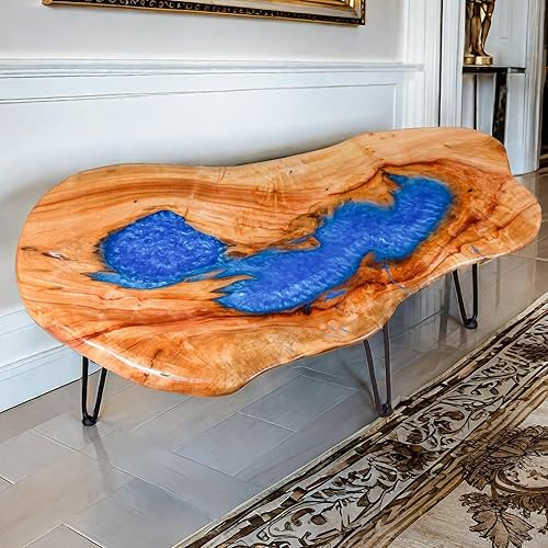 Natural Wood Coffee Table, Natural Wood Edge Contemporary Cocktail Table, Wood Tea Tables for Living Room with Metal Hairpin Legs,with Resin Process