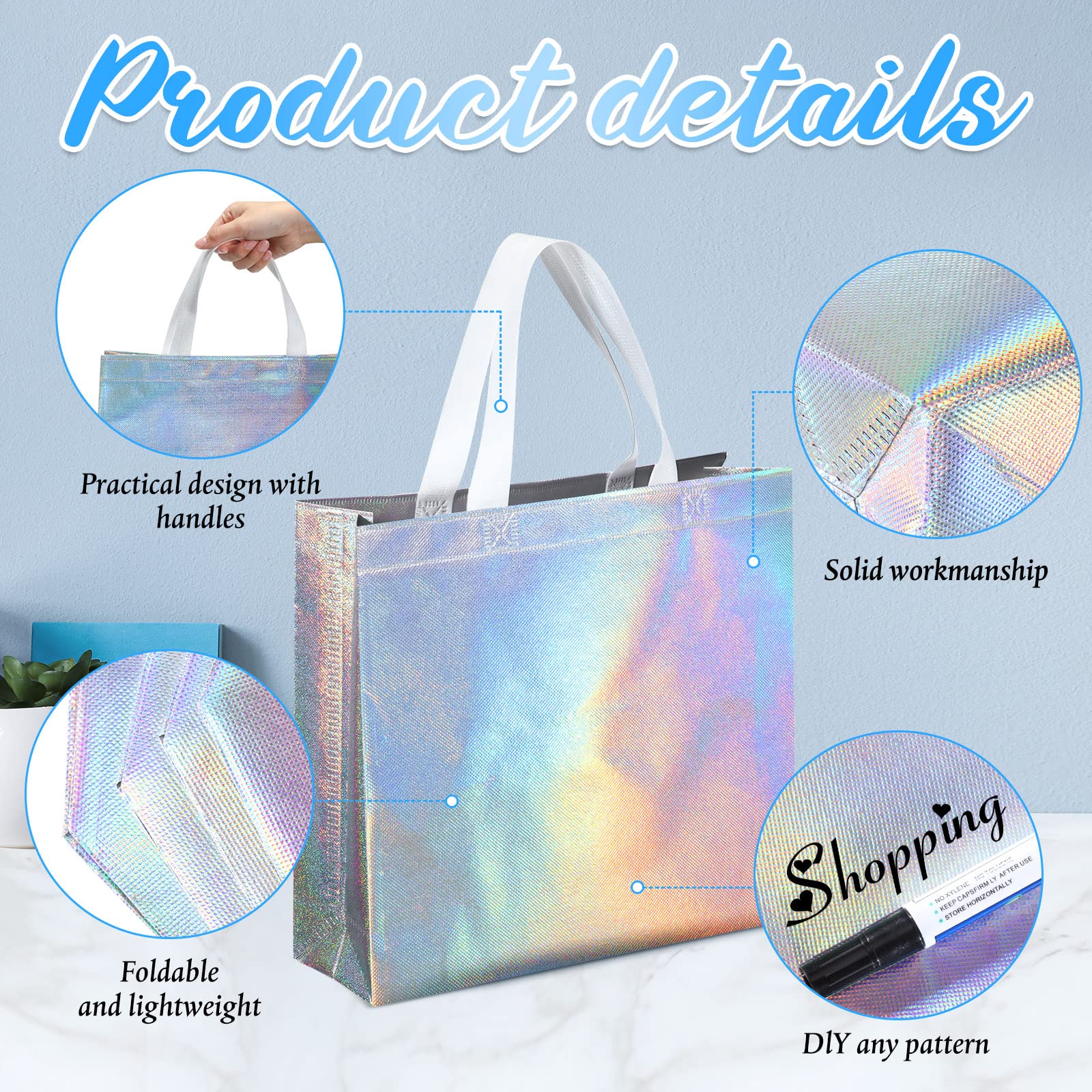 Eccliy 60 Pcs Reusable Gift Tote Bags Housekeeping Appreation Grocery Shopping Bag with Handles for Bridesmaid Wedding(Iridescent)