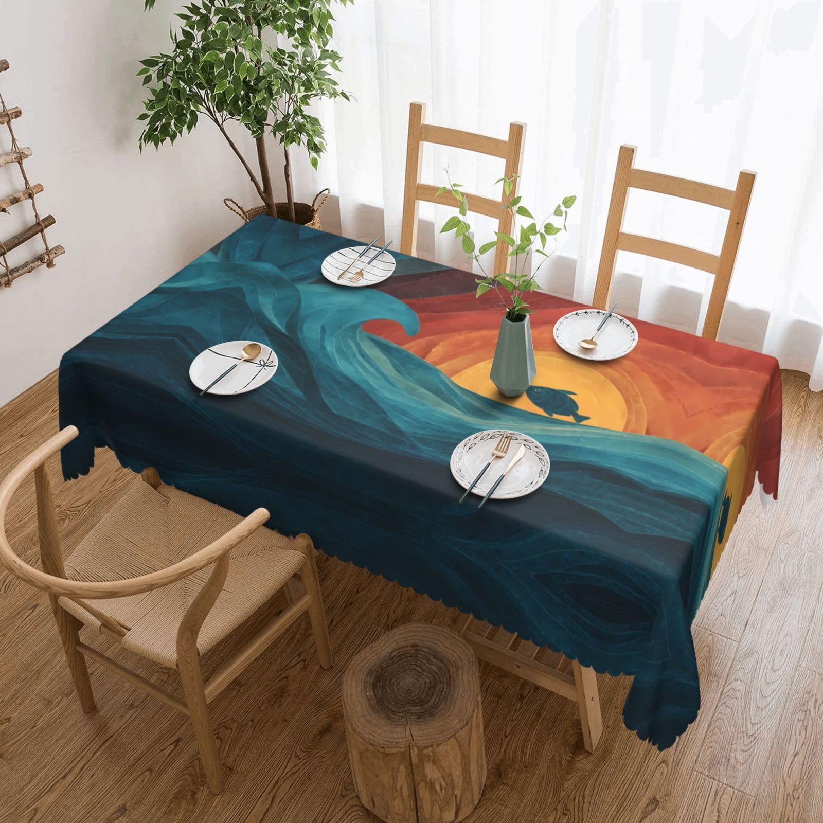 QAZWZML Sunset and Fish Printed tablecloth, made of thick polyester with lace trim, suitable for dining rooms, picnics, and weddings