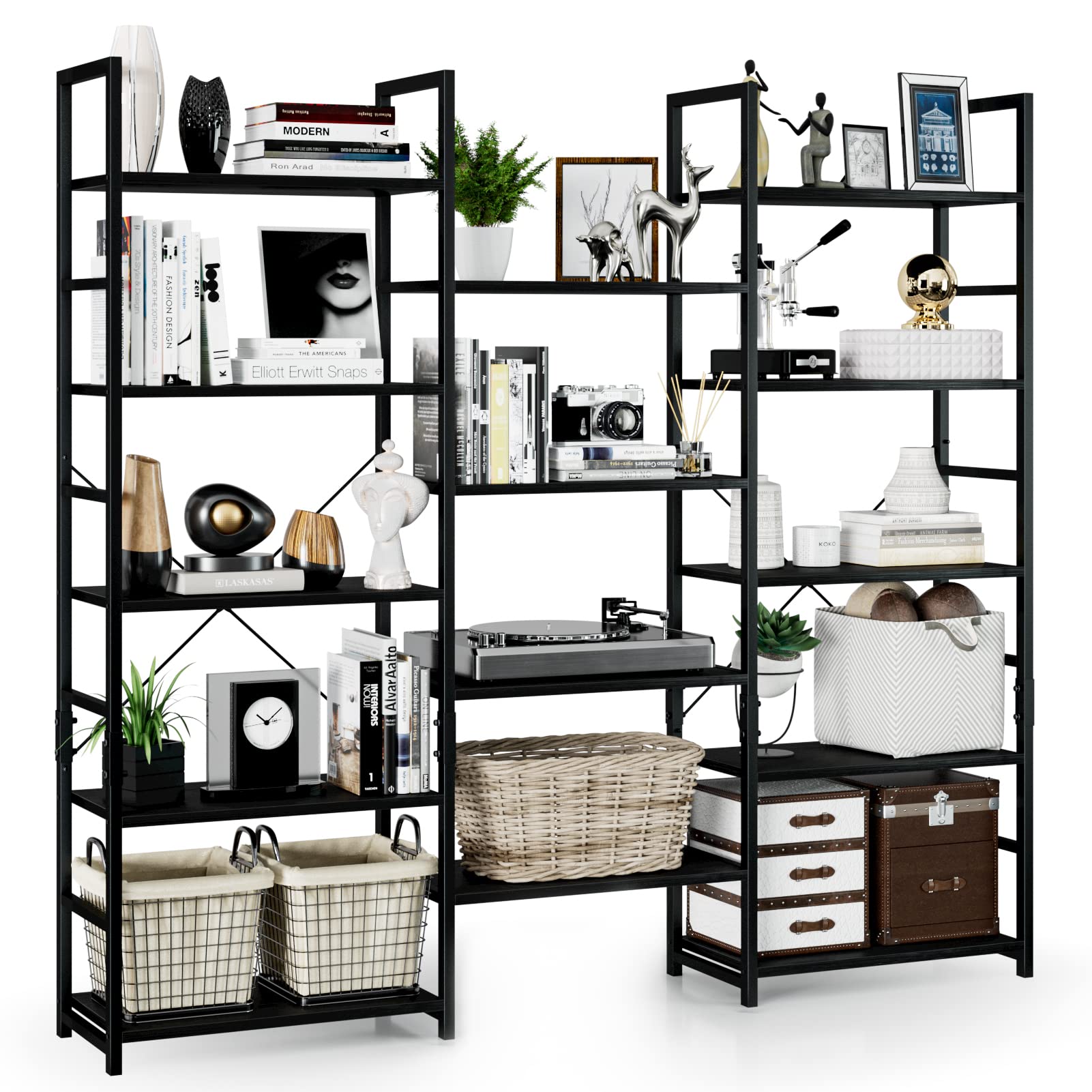 NUMENN Triple Wide 5 Tier Bookshelf, Rustic Industrial Style Bookcases and Bookshelves with 14 Open Display Shelves, Modern Tall Bookcase Furniture for Bedroom, Living Room and Home Office, Black