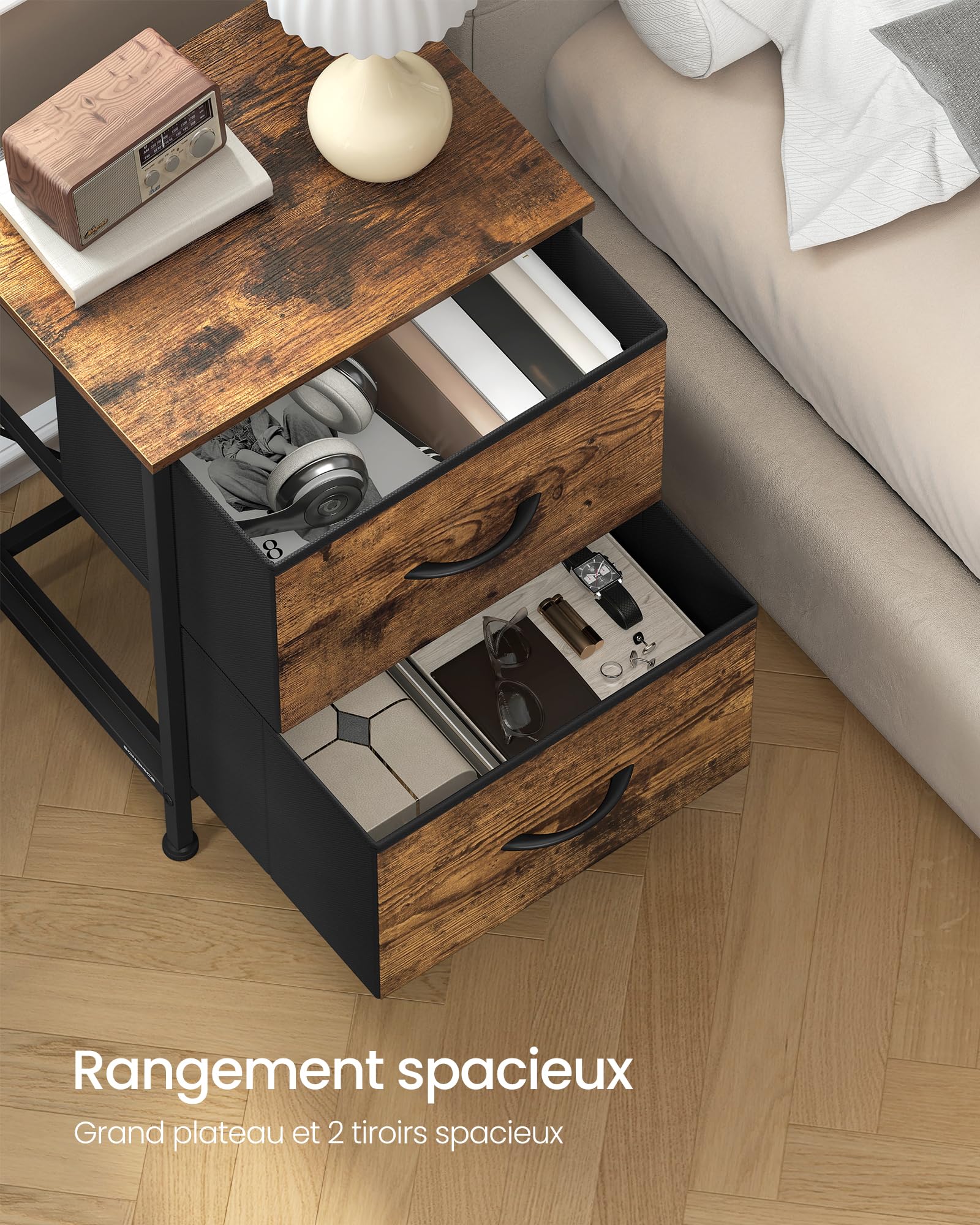 SONGMICS BELLAH Collection - Table de Chevet avec 2 Tiroirs, Table d’Appoint, pour Chambre, Cadre en Acier, Style Industriel, Marron Rustique et Noir d’Encre LGS312BH04