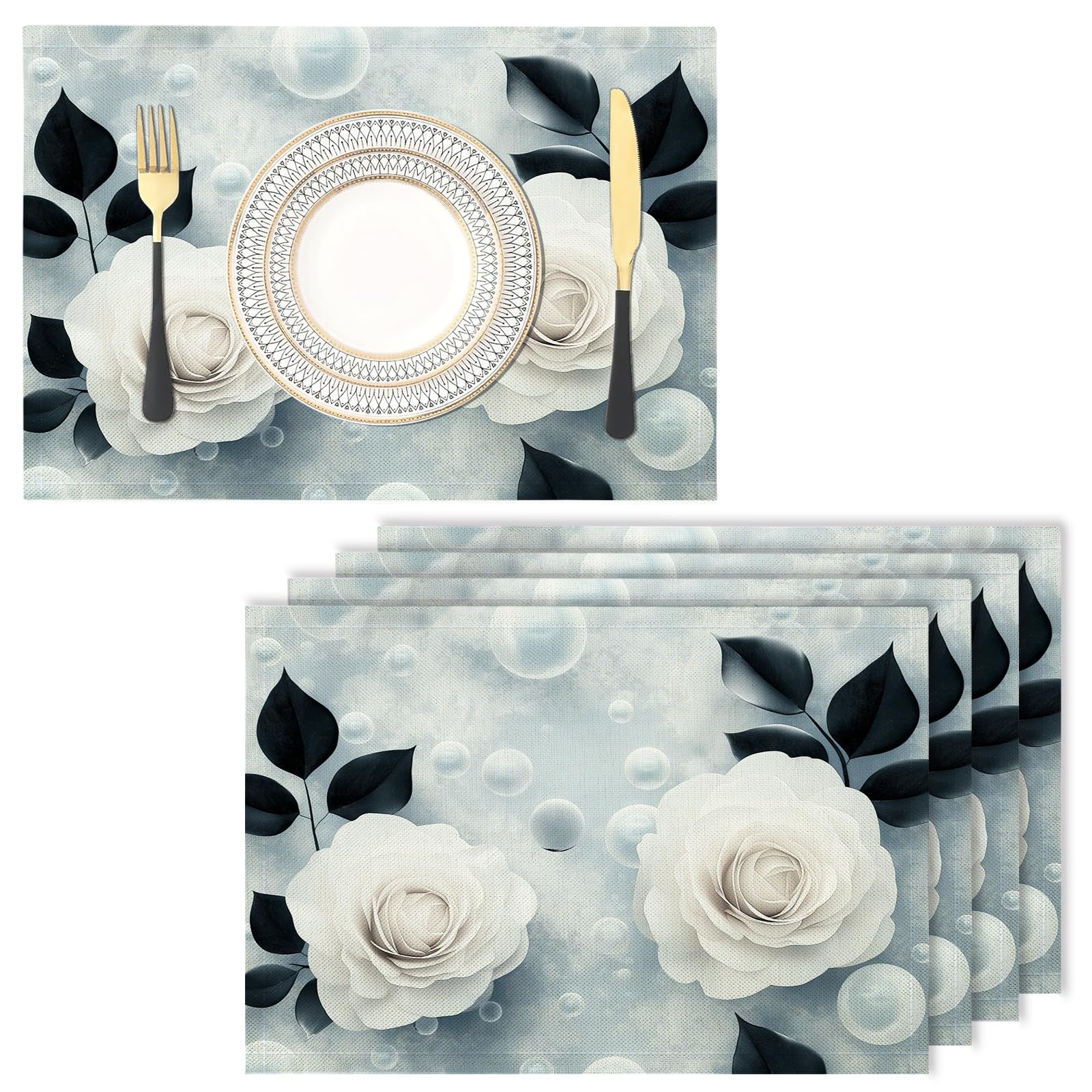 Placemats Washable Set of 4-30 x 45 cm flowers Placemats, plant Cotton Linen Hemstitch Place Mats for Table, Kitchen, Dining