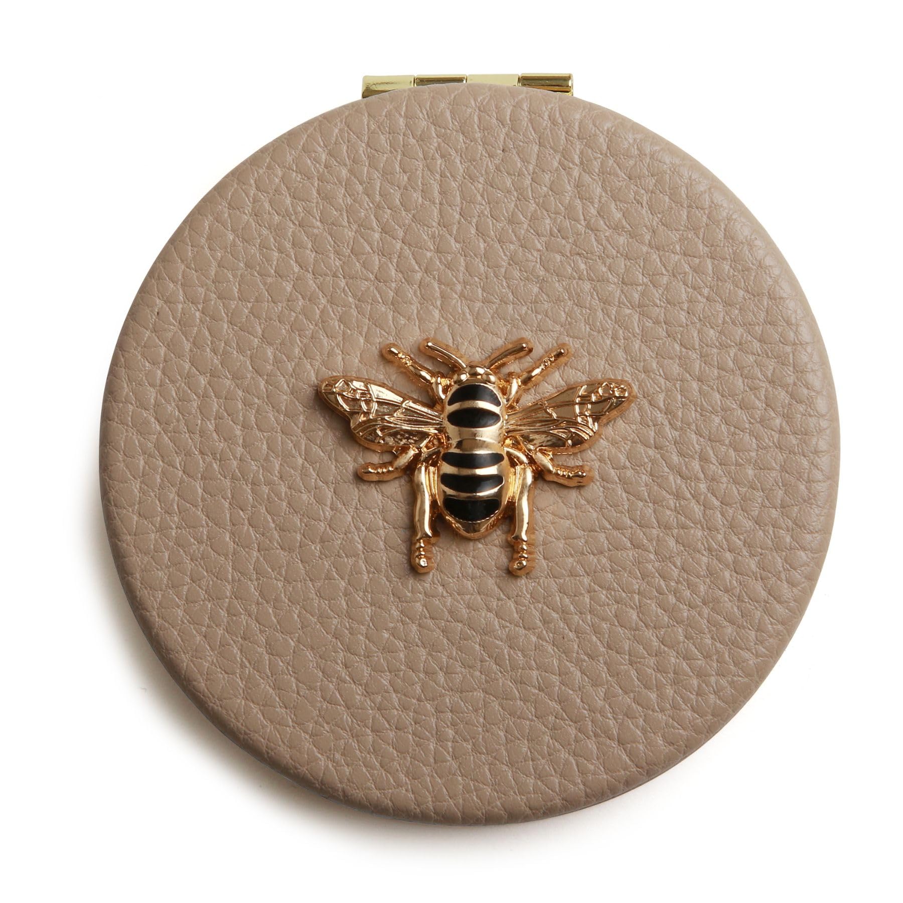 Alice Wheeler London Bee Compact Mirror for Women, Vegan Leather Purse Mirror, Double Sided Makeup Mirror with 3x Magnification, Travel Cosmetic Mirror, Gift Box, 7cm (Stone)