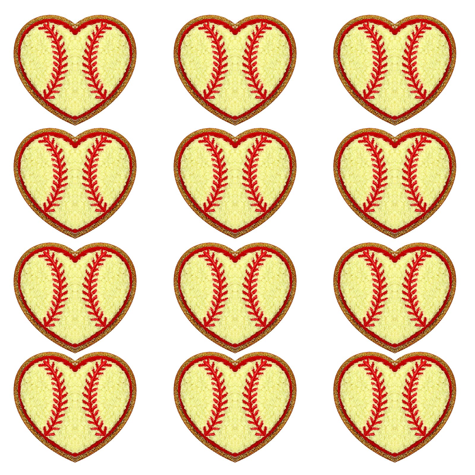 12 Pack Softball Iron on Patches Baseball Heart Patch, Gold Edges Chenille Baseball Iron On Patches Embroidered Patches Appliques Garment Embellishments for DIY Clothing Jackets Hat Backpack, Gold