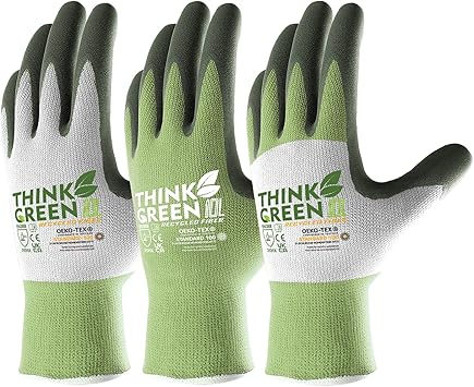 COOLJOB 3 Pairs Gardening Gloves for Women Men, 100% Recycled Polyester with Rubber Coated for Garden Patio Yard Lawn Work, Green, White & Grey, Medium Size