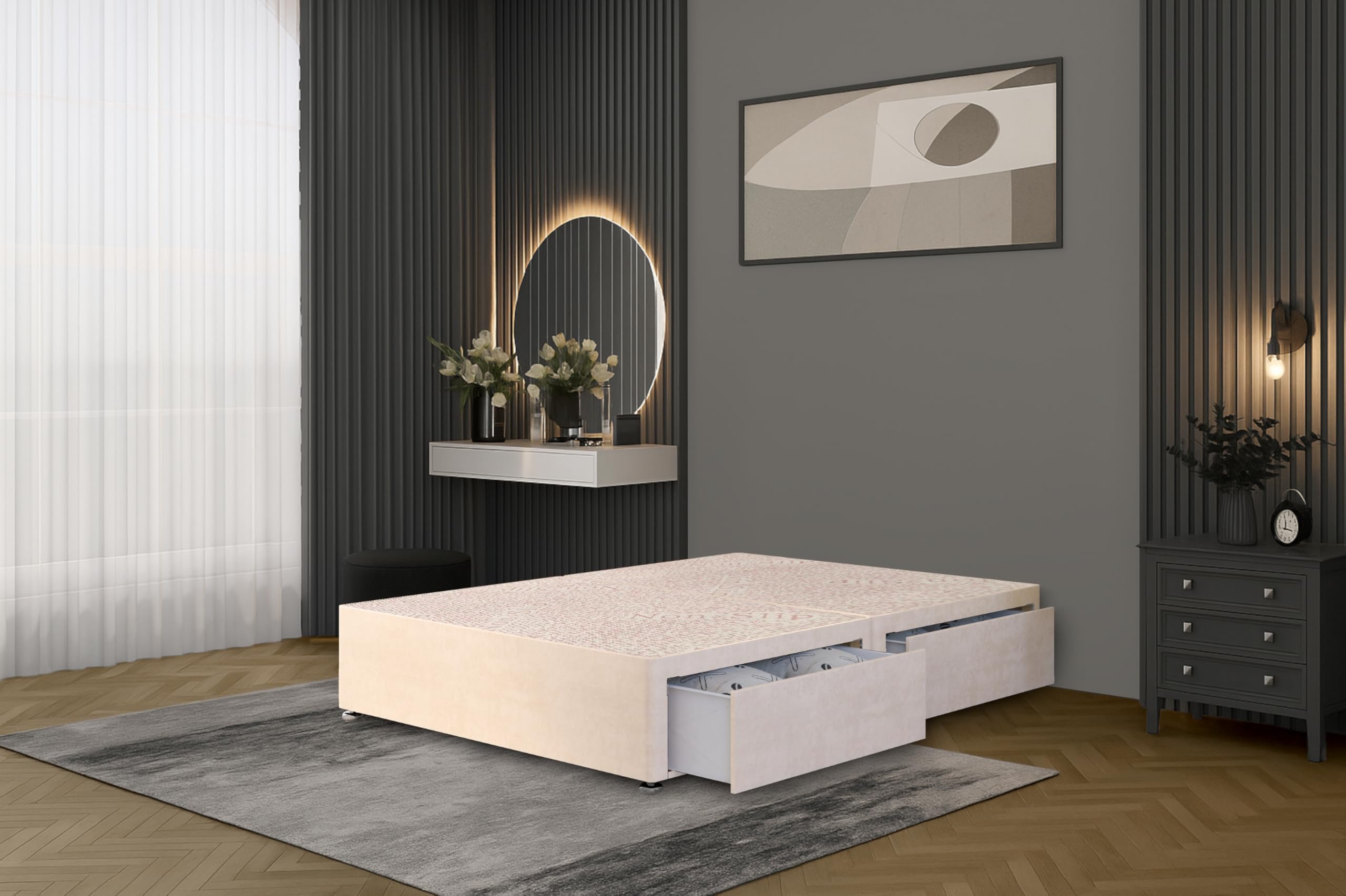 Bed Centre Flexby Divan Bed Base Only with 2 Drawers (Same Side), No Headboard - Available in 3FT, 4FT, 5FT and 6FT (4FT6 Double, Plush Ivory Fabric) โ image 1