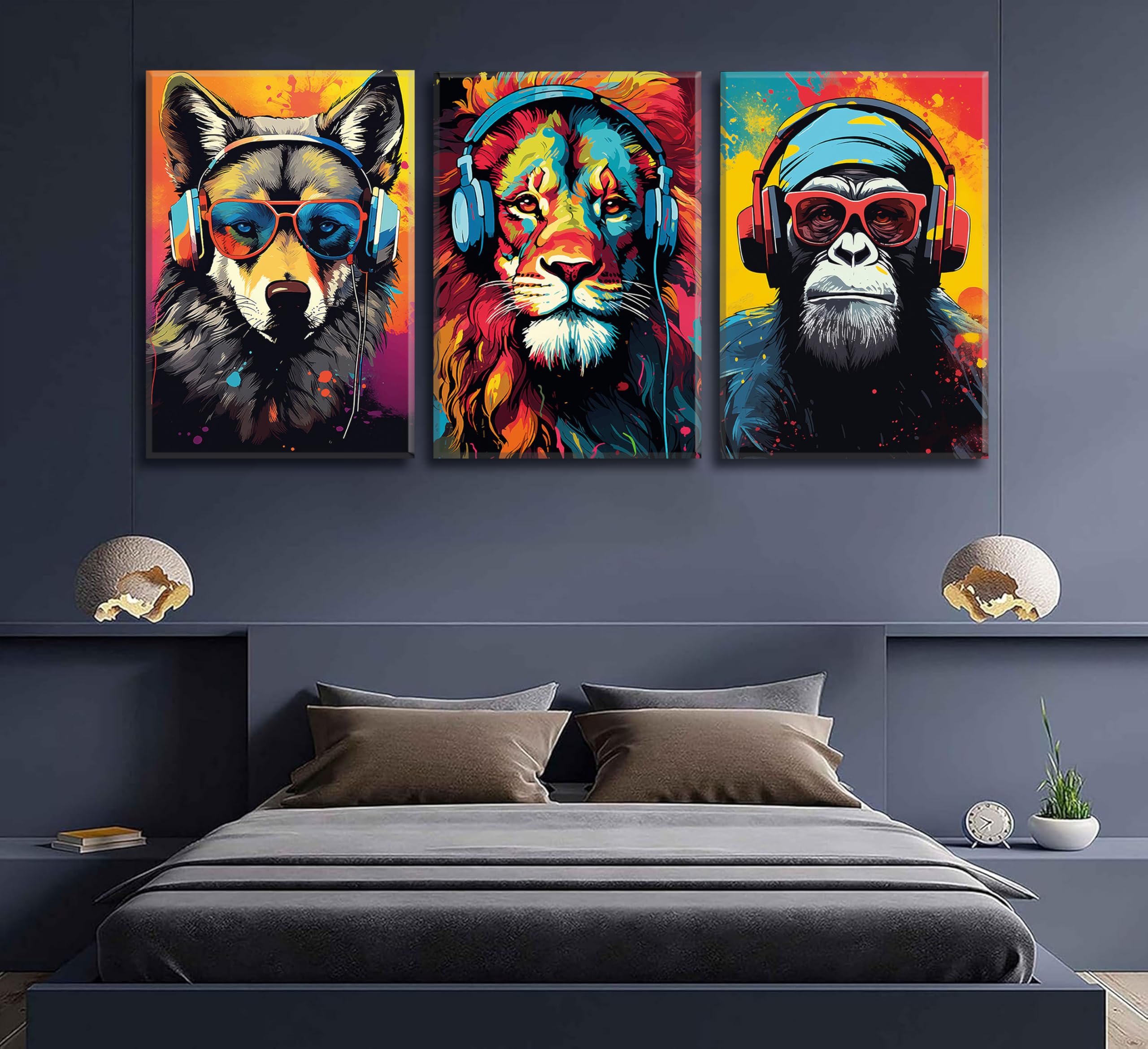 3 x Gaming-Wandkunst, Tier-Graffiti-Poster, Bilder mit Kopfhörern, Sonnenbrille, Gorilla, Tiger, Wolf, coole Gamer-Leinwanddrucke, bunte Graffiti-Gemälde für Teenager, Spiel, Jungenzimmer,
