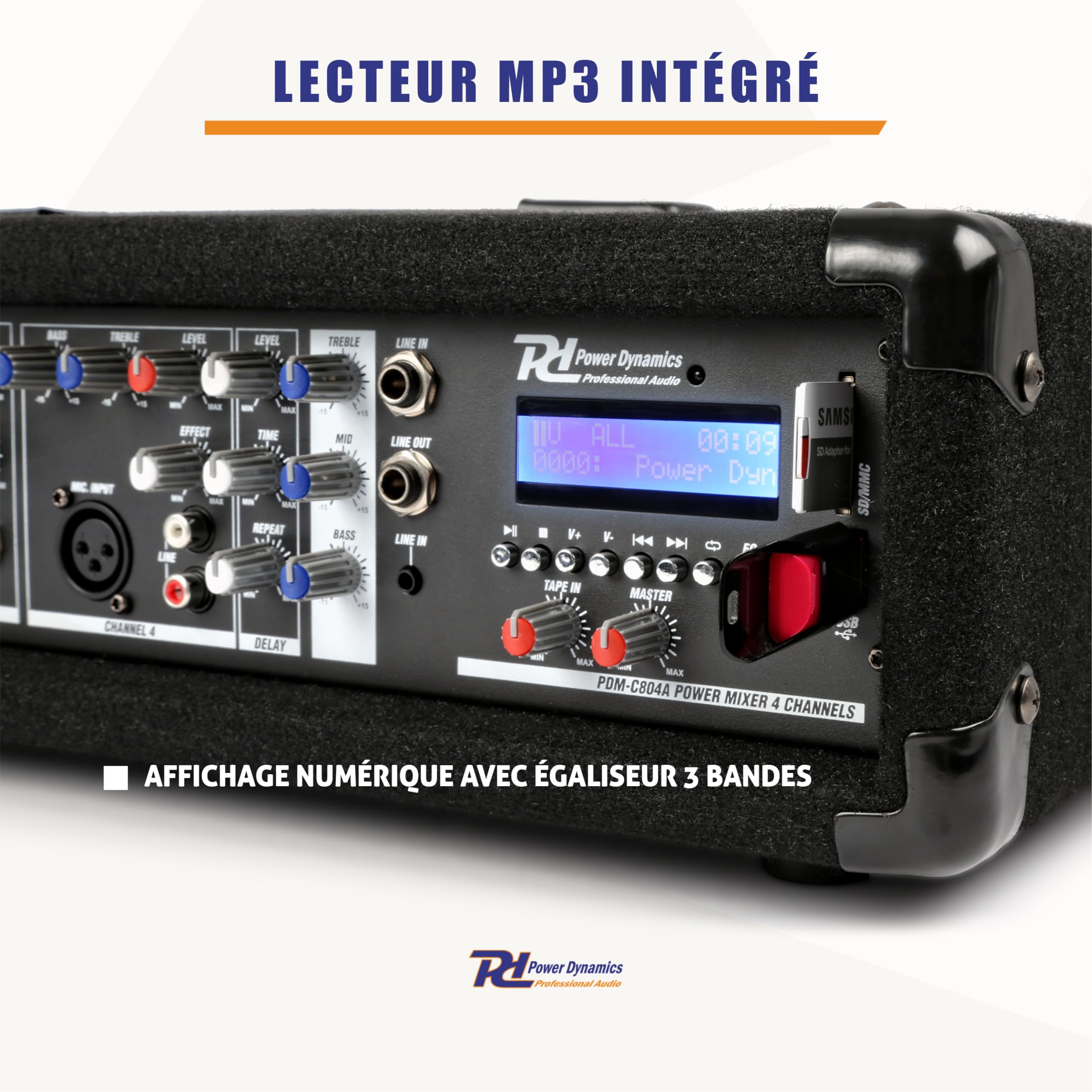 Power Dynamics PDM-C405A Table de Mixage Amplifiée 800 Watts - 4 Canaux, Connexion sans Fil Bluetooth, USB/SD, Réglages Graves/Aigus par Canaux, Idéal pour DJ, Groupe ou Salle de Spectacle