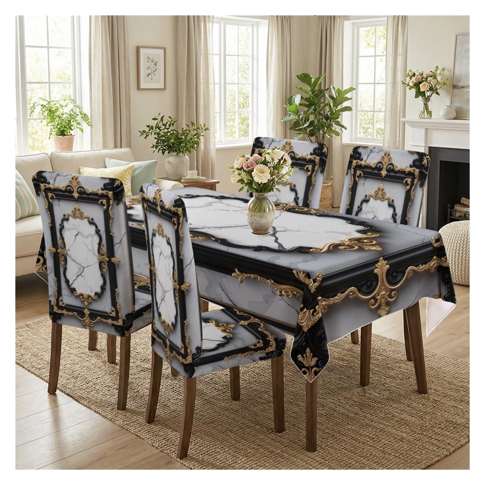 BOSUYBN Stretch Dining Chair Slipcovers And Tablecloth Set, Grey Marble Black Gold Baroque Print, 5/7 Pack For Luxury Vintage Dining Decor Table Setting(5pcs Set: Tablecloth+Chair Covers)