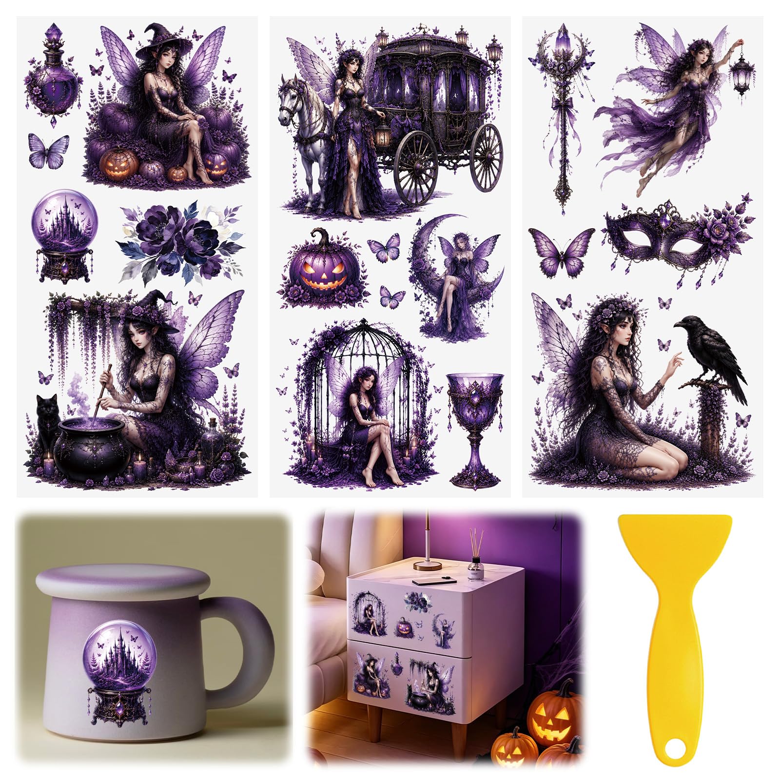 HICOHAND Rub On Transfers for Crafts, 3pcs Dark Purple-Themed Fairy Transfers UV DTF Stickers Waterproof Decals for Halloween Wood Door Window Cup DIY Home Decor