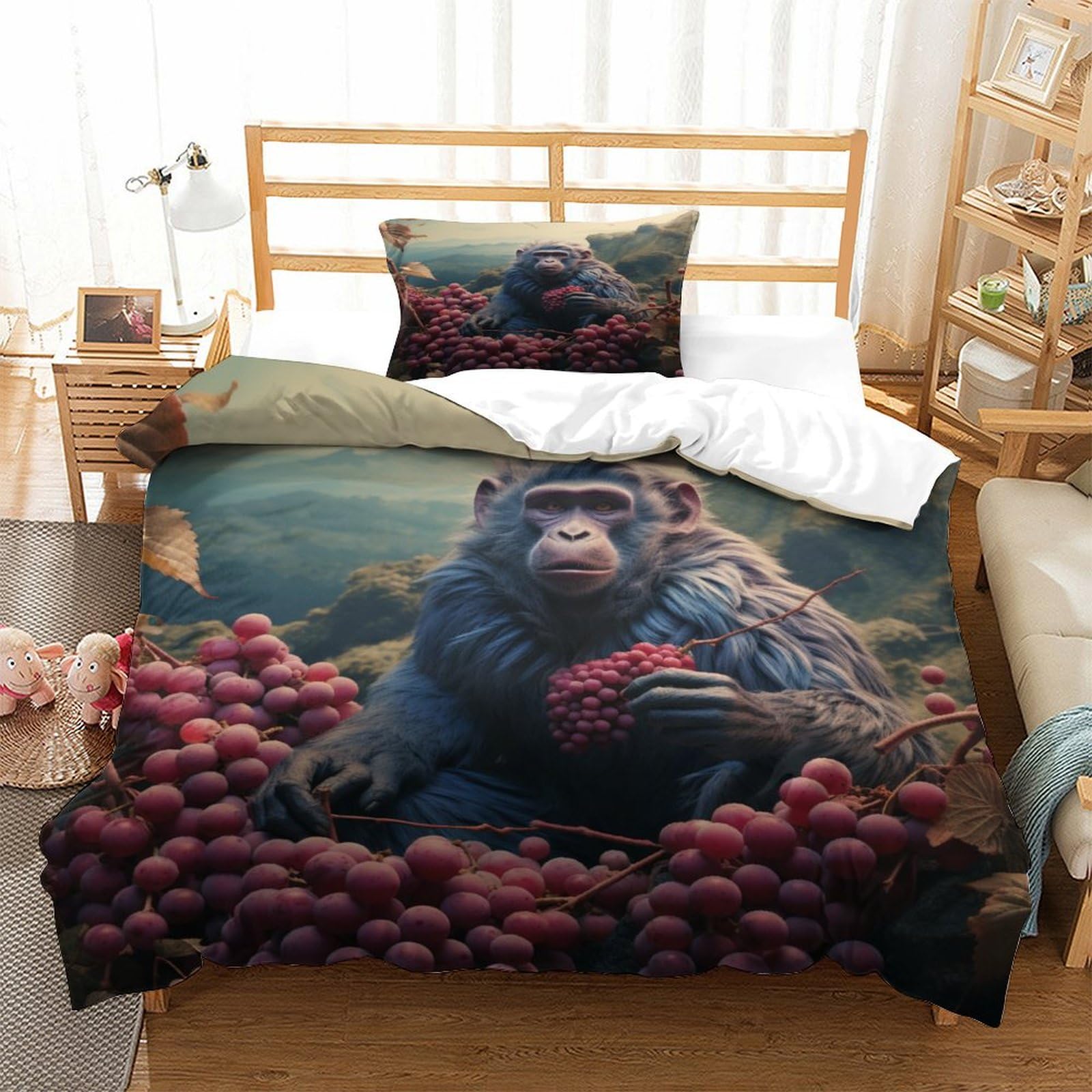 P1S9U7W5Y Nature Monkey 3D Printed Duvet Cover Set 3 Pieces Microfiber Bedroom Decor Animal Bedding Set Soft Breathable for Adults Single（135x200cm）