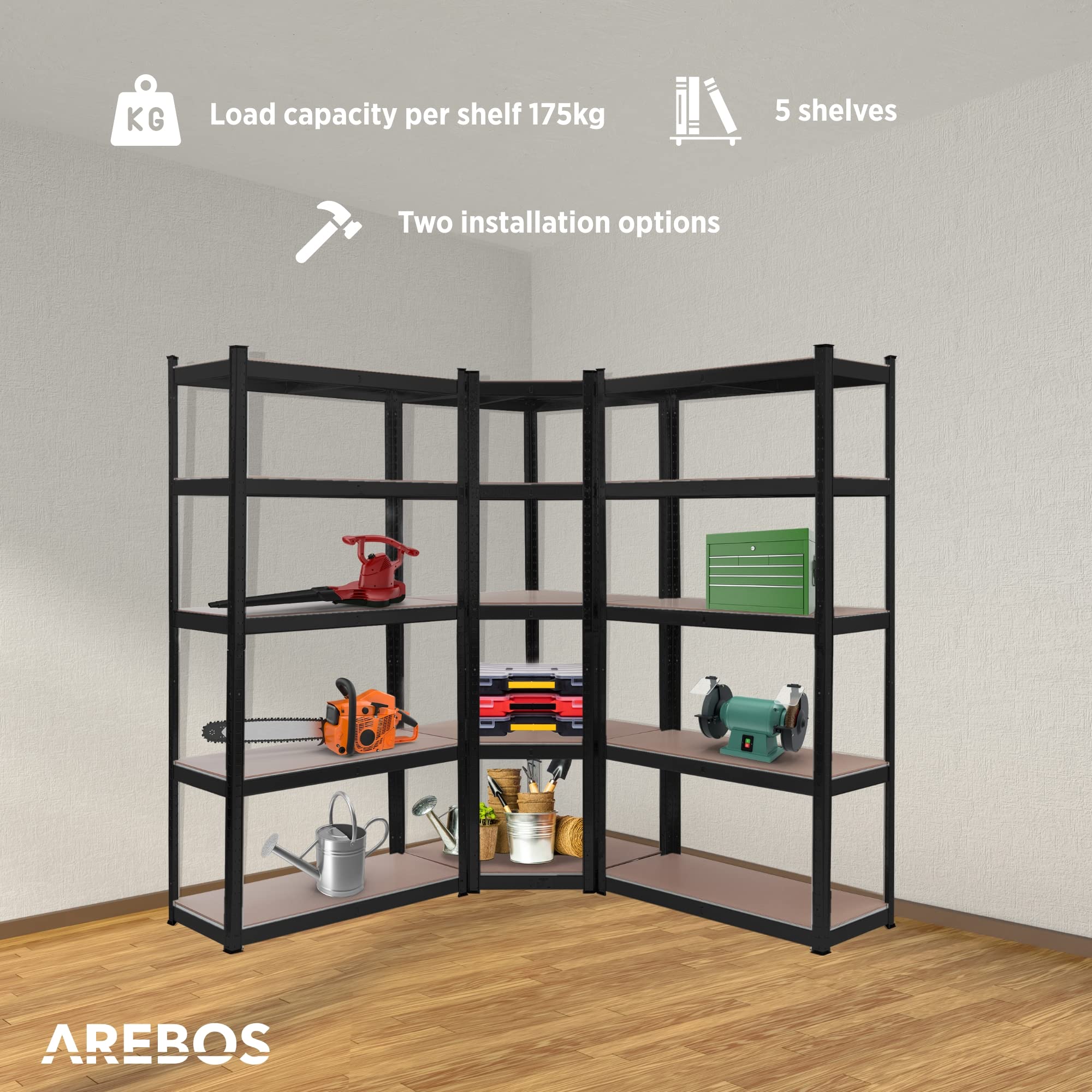 Arebos Schwerlastregal 3er Set | Eckregal Kombination | bis zu 875 kg Tragkraft | Montage durch Stecksystem | Robuste Metallkonstruktion | Mittelquerstrebe für mehr Stabilität | Schwarz
