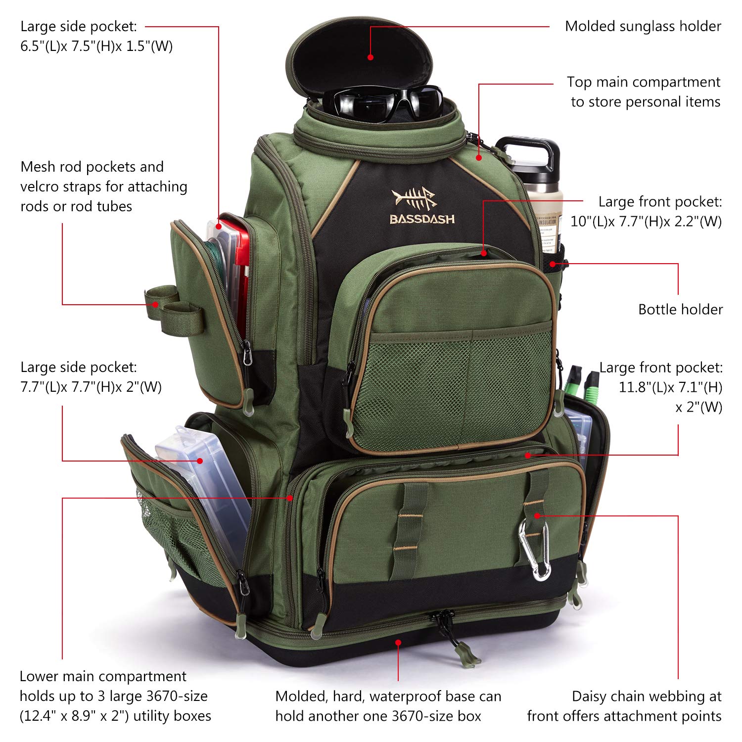 Bassdash Zaino da Pesca Borsa da Pesca Borsa Tattica Leggera e Resistente all'Acqua con portacanne e Copertura Antipioggia Protettiva