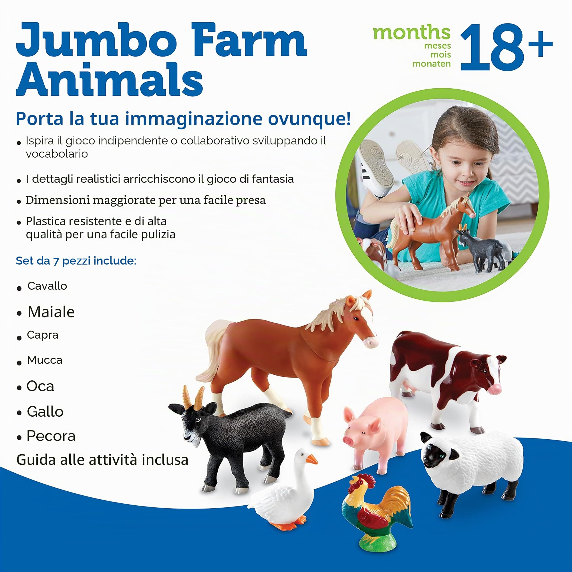 Learning Resources Animali della Fattoria Jumbo, Dai 18 Mesi, Set da 7 Animali in Plastica Resistente, Ideali per Giochi Immaginativi e Attività Montessori