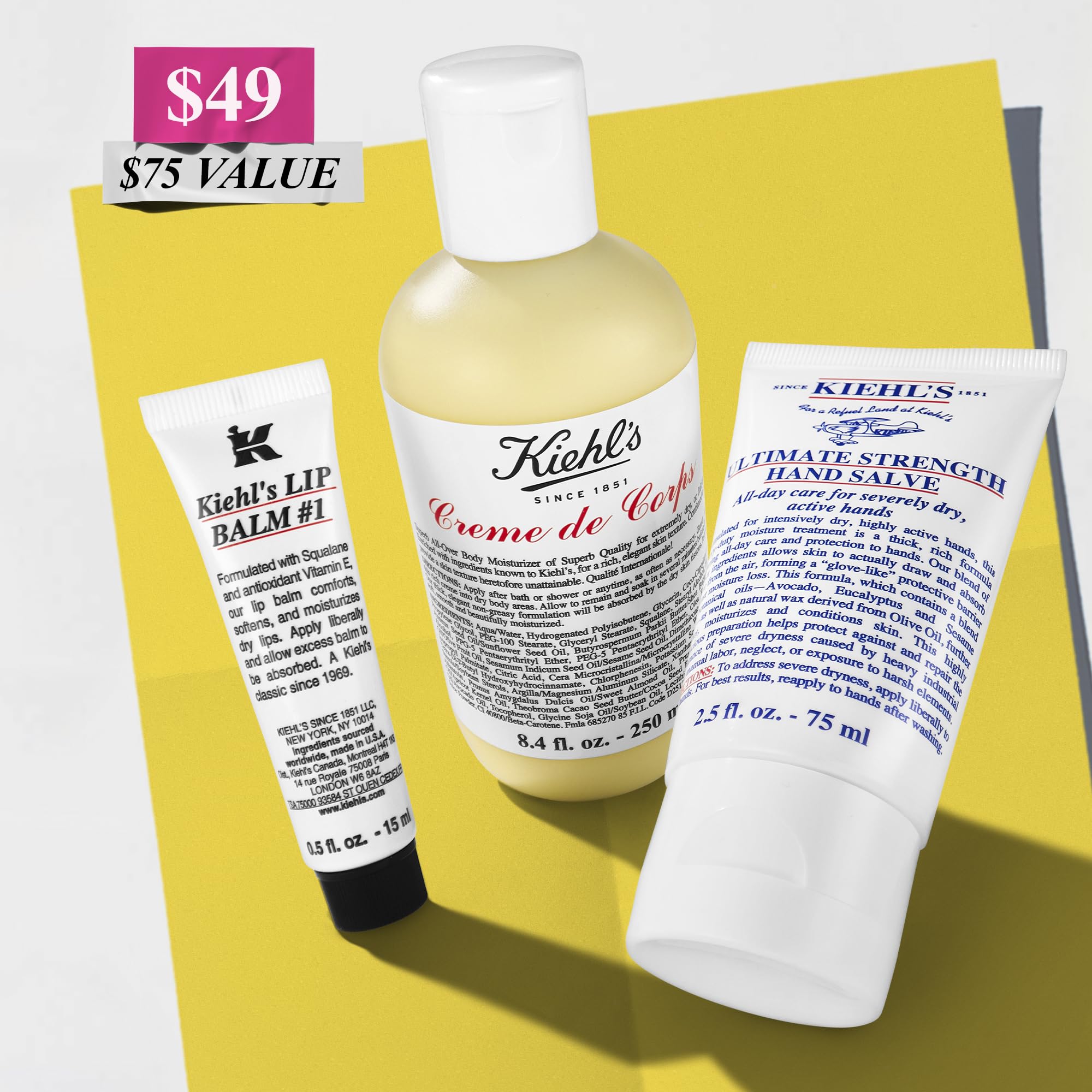 Kiehl's Body Care Routine Gift Set, $75 Value, Includes Moisturizing Hand Lotion, Body Cream, and Lip Balm, With Shea and Cocoa Butter, For Dry Skin and Men and Women