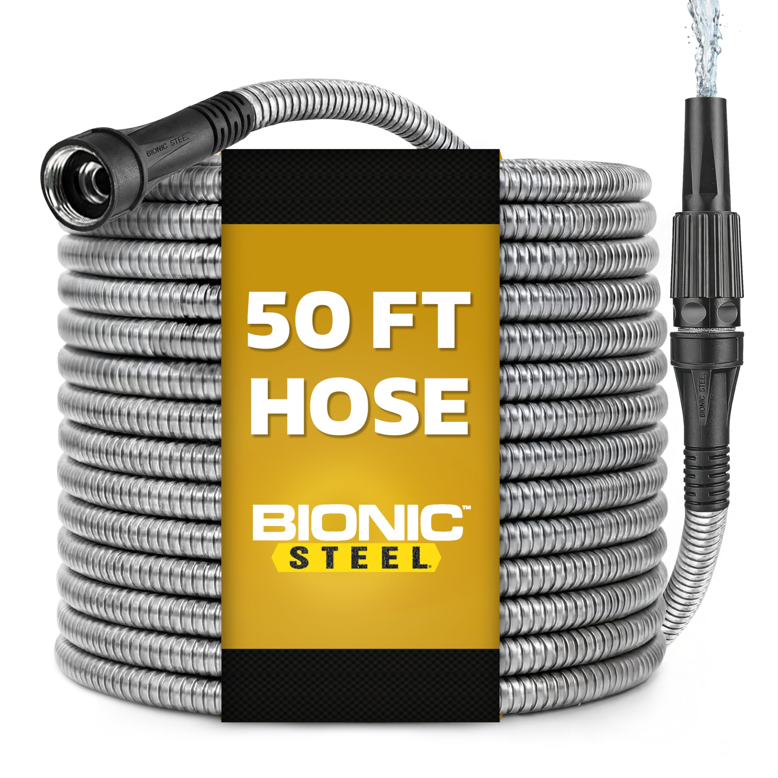 Photo 1 of BIONIC STEEL 50 Ft Metal Garden Hose with Sprayer Nozzle, Non Kinking Designed Stainless Steel Heavy Duty Water Hose 50Ft x 5/8 in. Ultra Flexible NON Expandable for Uninterrupted Water Flow, 500 PSI