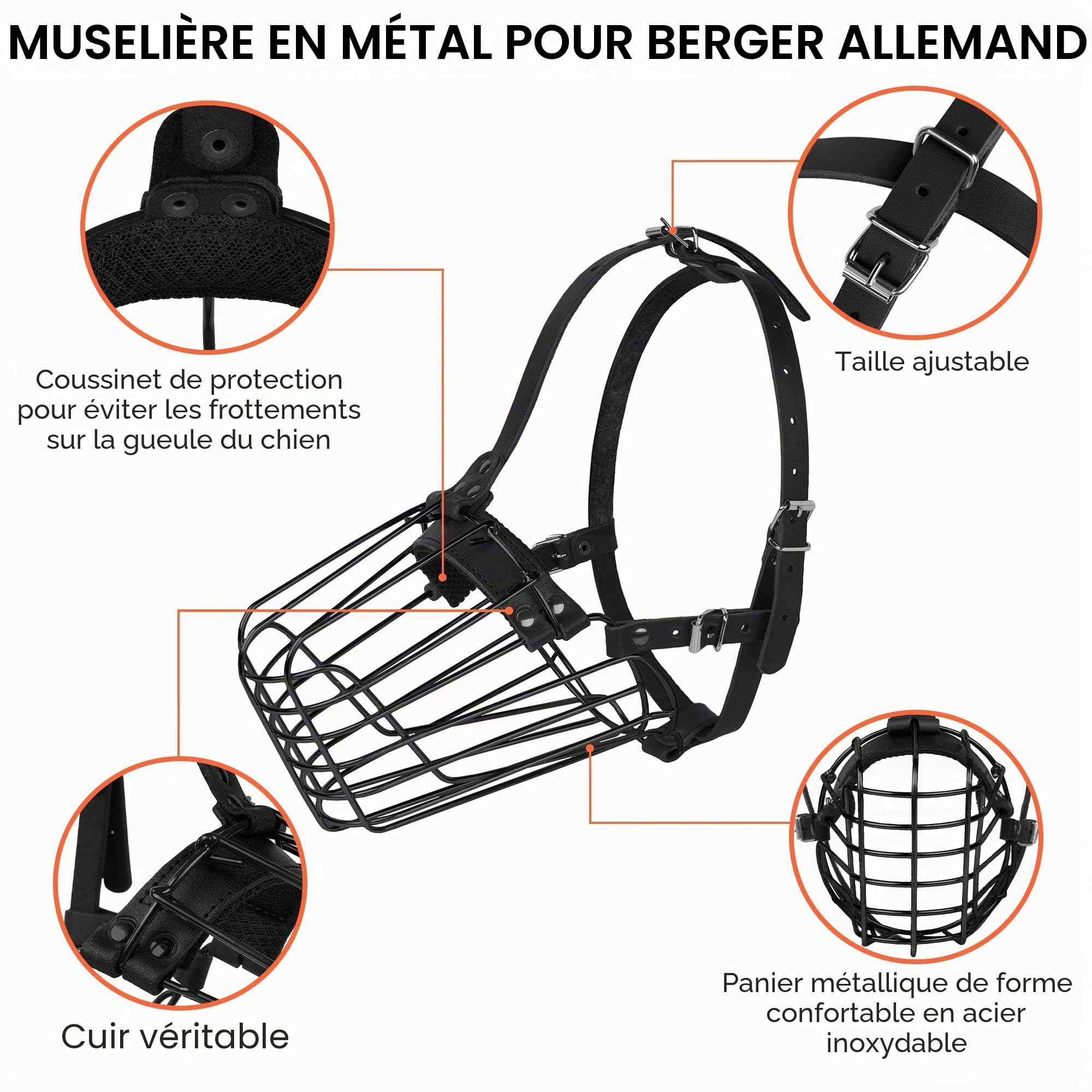 Muselière pour chien de berger allemand en métal pour chiens de taille moyenne et grande avec sangles en cuir durables réglables et masque métallique sécurisé pour mordre la mastication et les