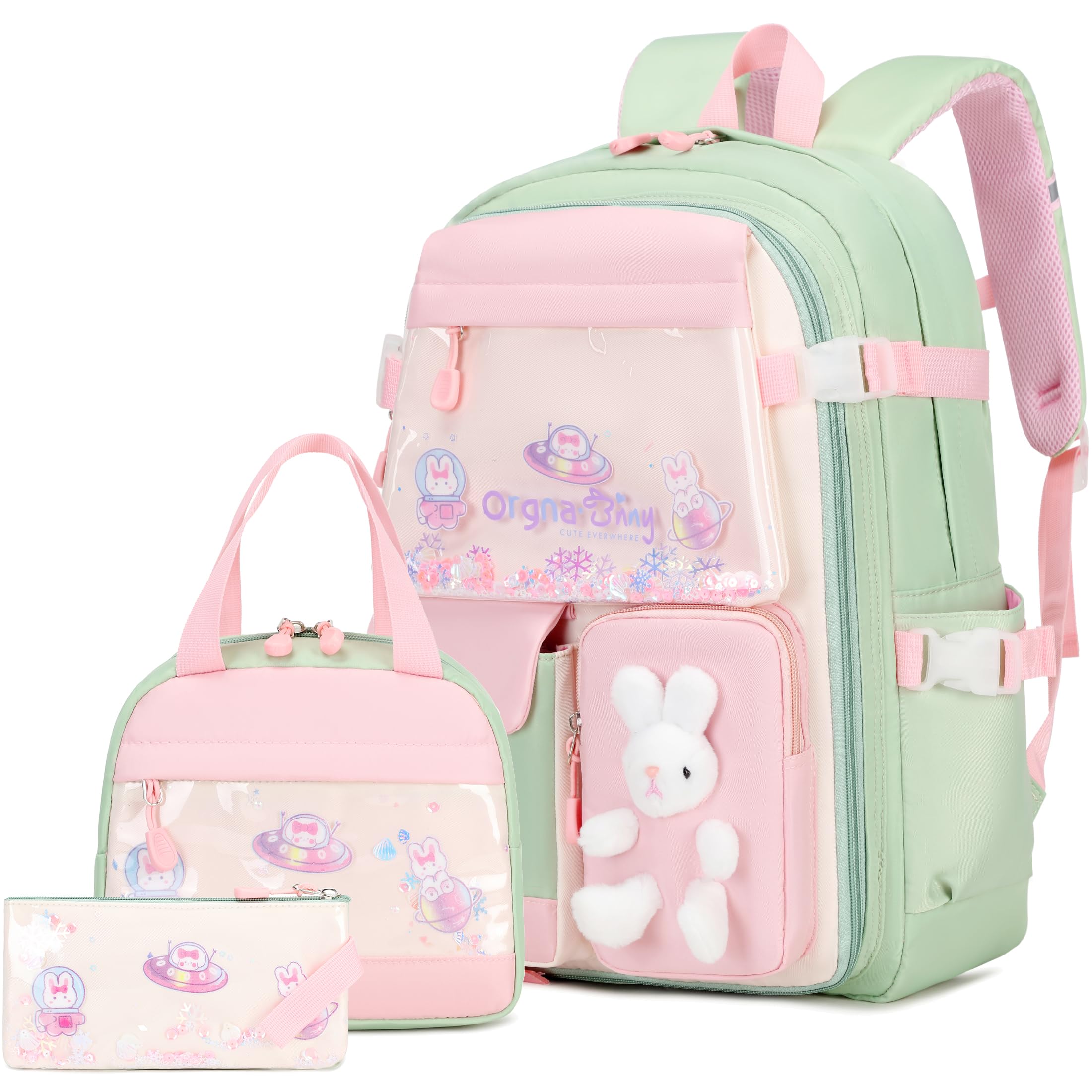 FIXITOK Girls Backpack Set, 3PCS School Backpack for Girls, Kawaii Bunny Kids Backpacks for Girl Kindergarten Elementary School Preschool Travel