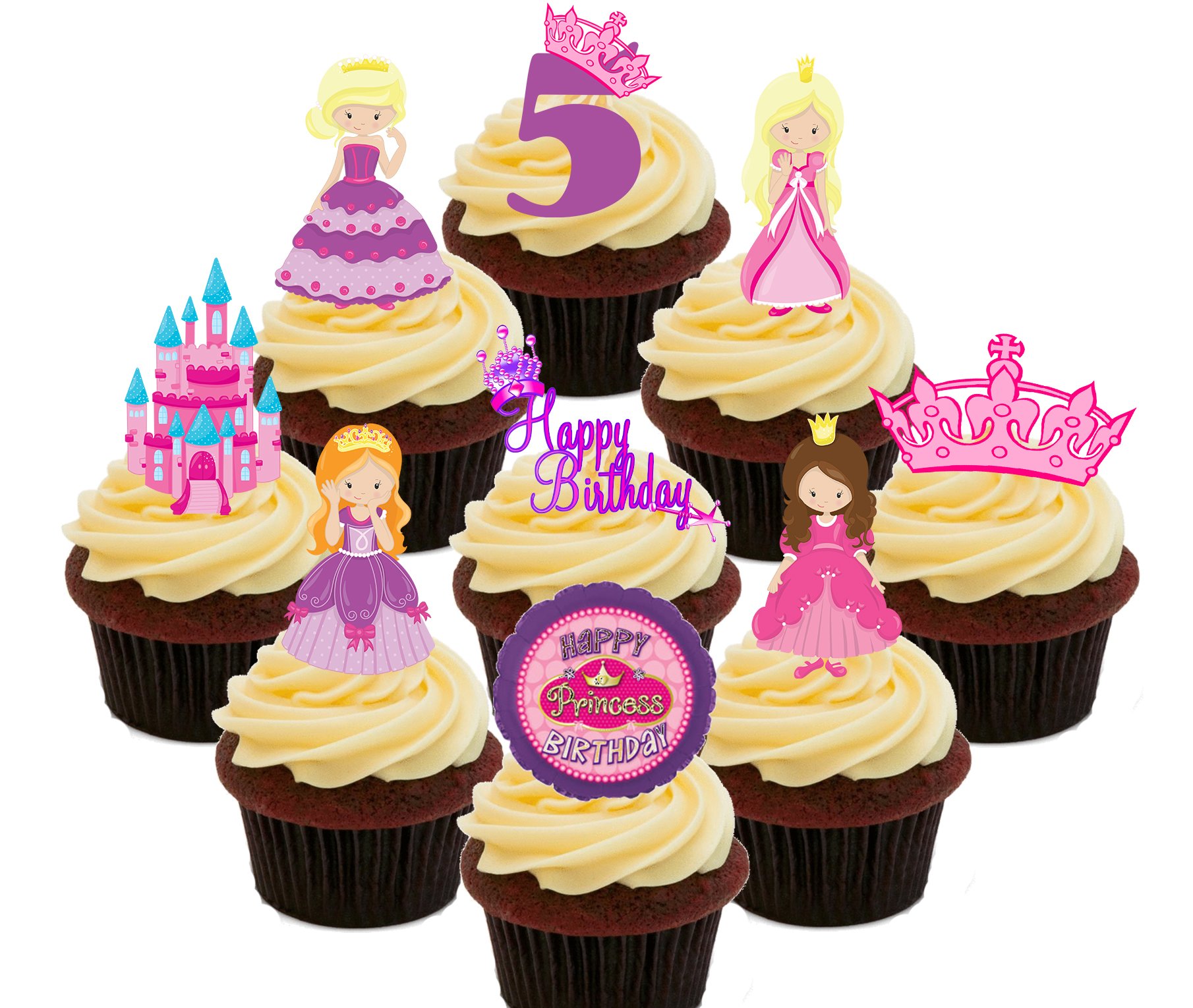 Made4You 5th Birthday Princess - Edible Cupcake Toppers - Stand-up Wafer Cake Decorations (Pack of 36)