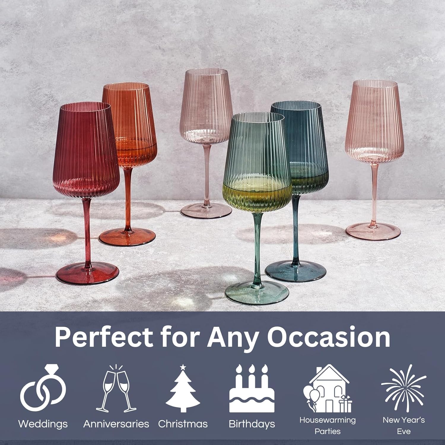 Ripple Colored Wine Glasses - Set of 6 Ribbed Crystal Fluted Big Long Stemmed Glasses Gift Hosting, Wife, Mom Friend - Large 19 oz Glass, Italian Style Tall Drinkware, Vintage Style Drinking (Green) - Image 2