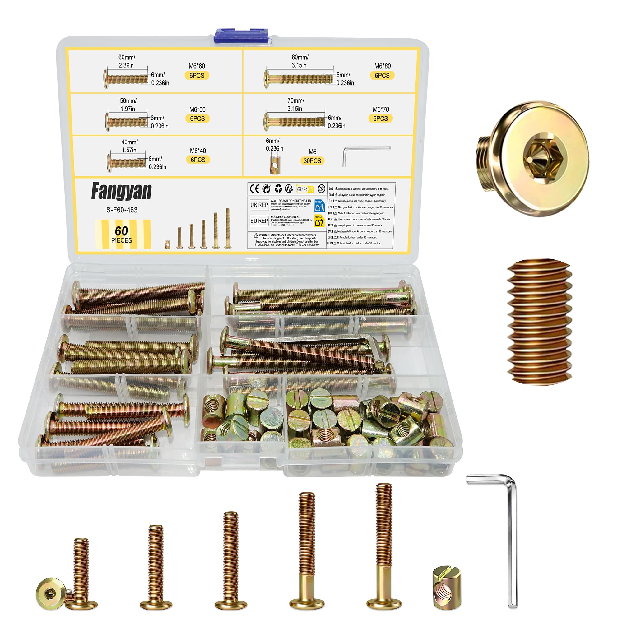 Fangyan 60PCS M6 Furniture Bolt Nut Set 40, 50, 60, 70, 80 mm, Hex Socket Flange Screws, Furniture Screws and Barrel Nuts Assortment Kit for Baby Bed, Cabinet & Wooden Furniture Assembly