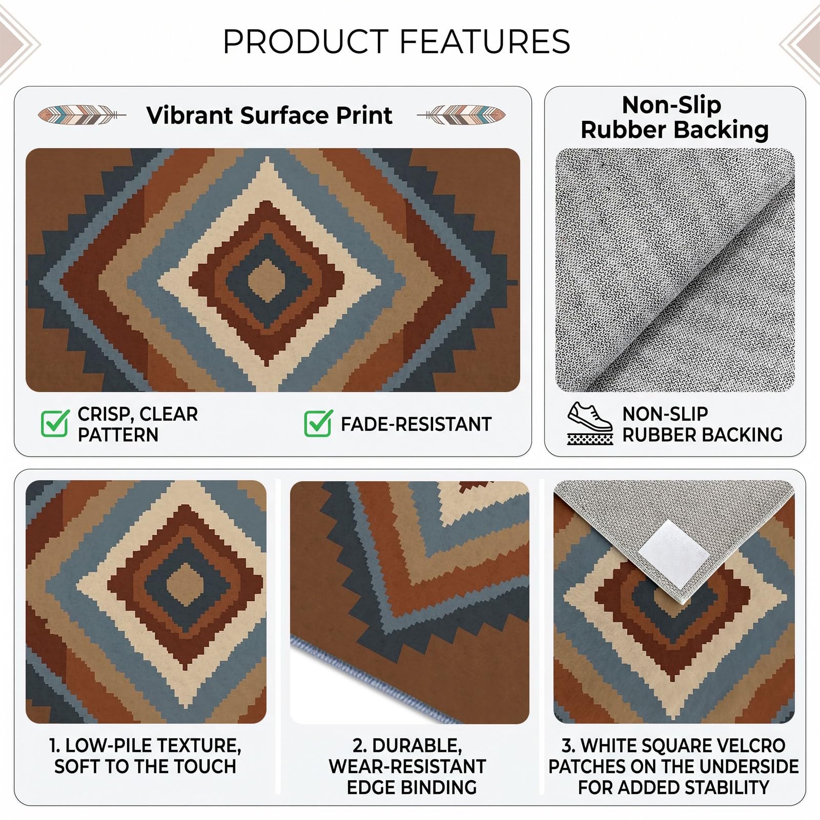 Ethno Waschbarer Teppich 80 x 150 cm, Wohnzimmer Indigen Geometrisch Rautenmuster rutschfest Weich Teppich für Schlafzimmer, Esszimmer, Büro