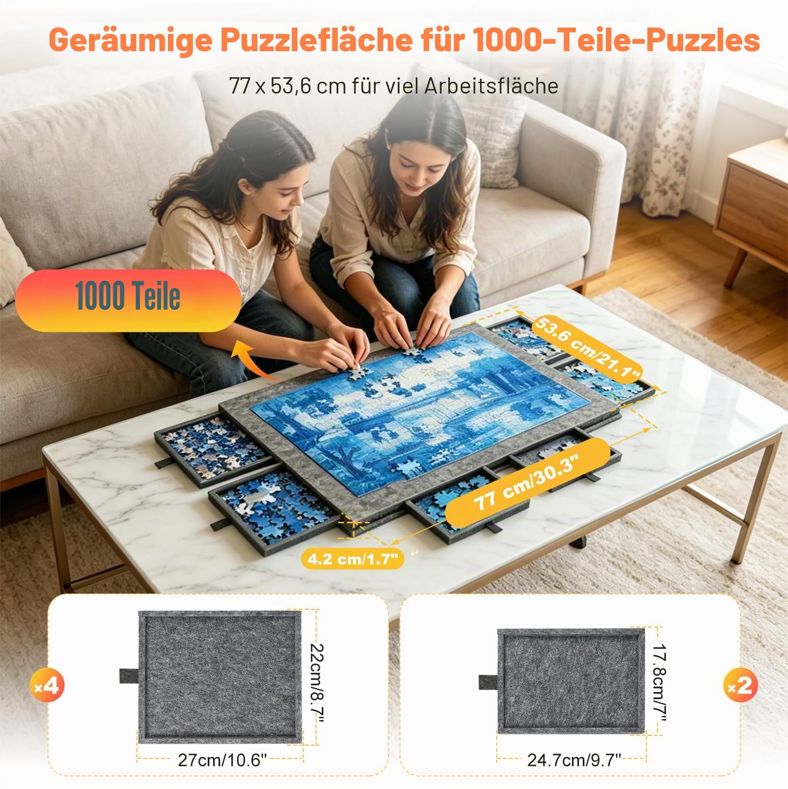 Puzzlebrett 1000 Teile, Puzzlematte Puzzletisch mit Schubladen, Puzzelmatten für Puzzle bis 1000, Puzzlebrett mit 2-in-1 Ständer / Staubschutz, Rutschfeste Filzoberfläche, für Paare, Eltern